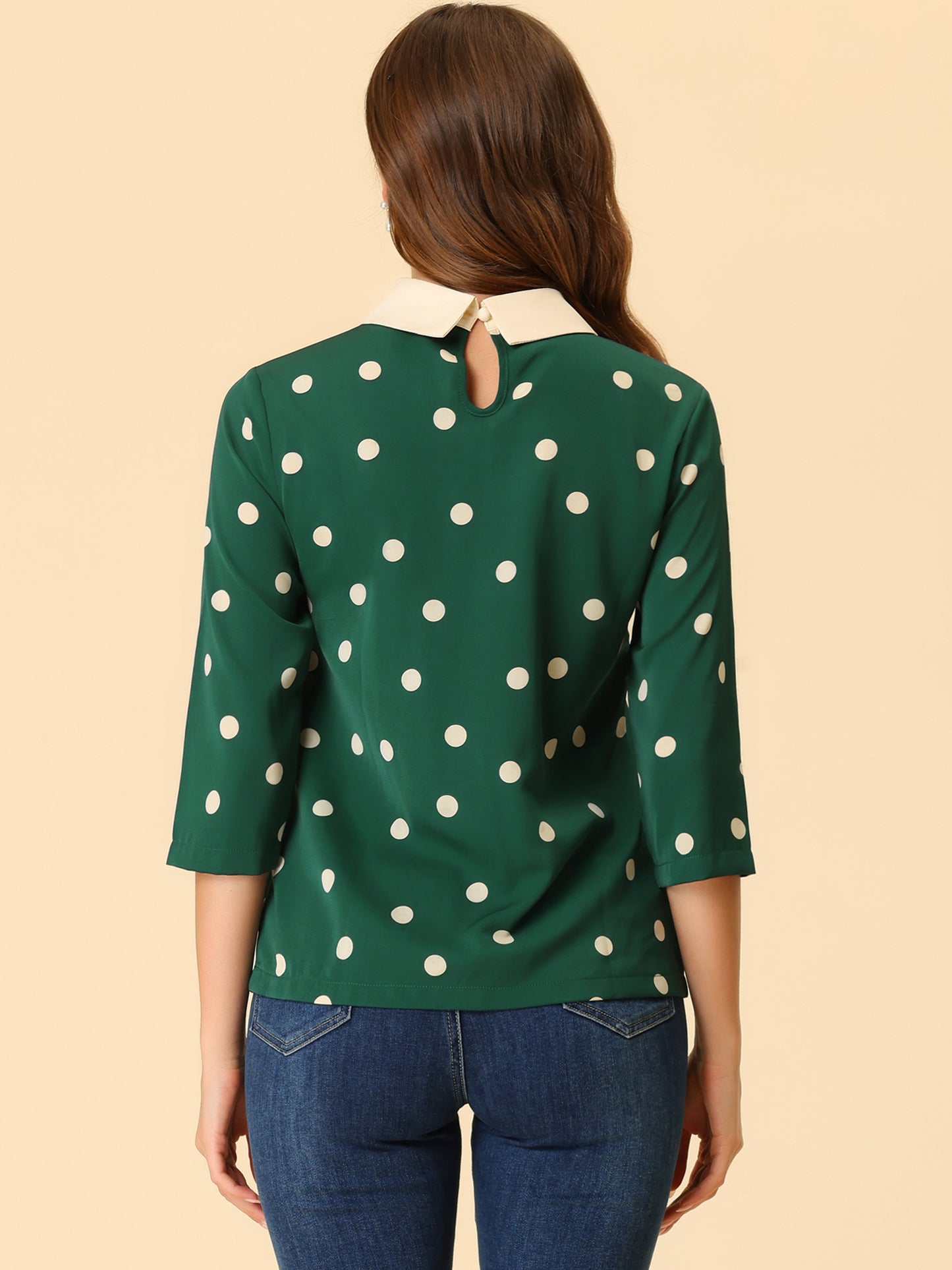 Women's Polka Dots Contrast Peter Pan Collar Top 3/4 Sleeves Blouse Shirt