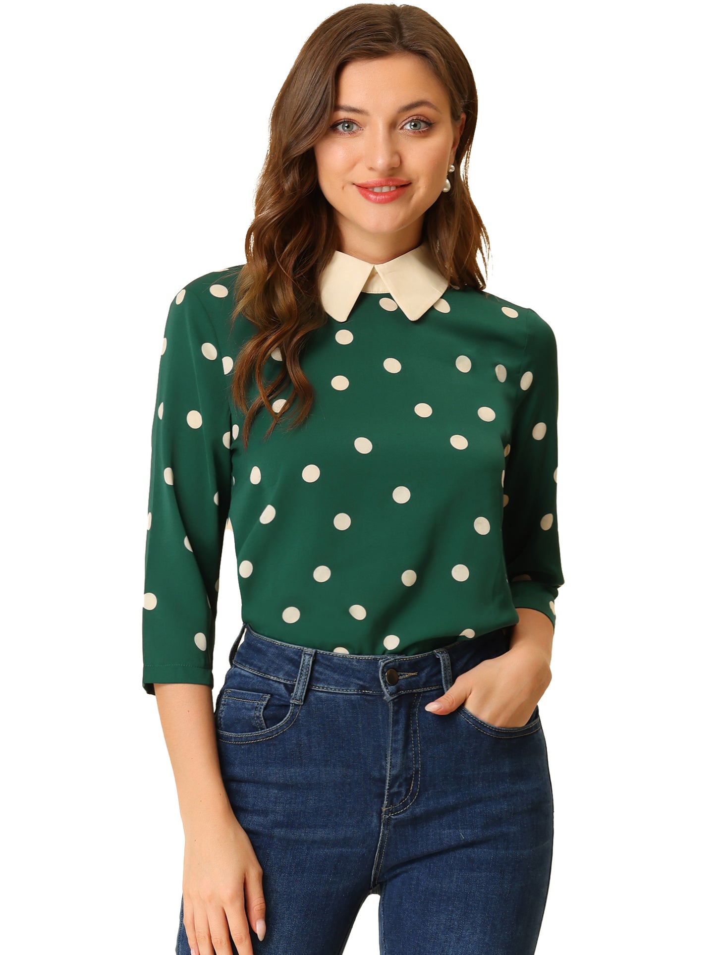 Women's Polka Dots Contrast Peter Pan Collar Top 3/4 Sleeves Blouse Shirt