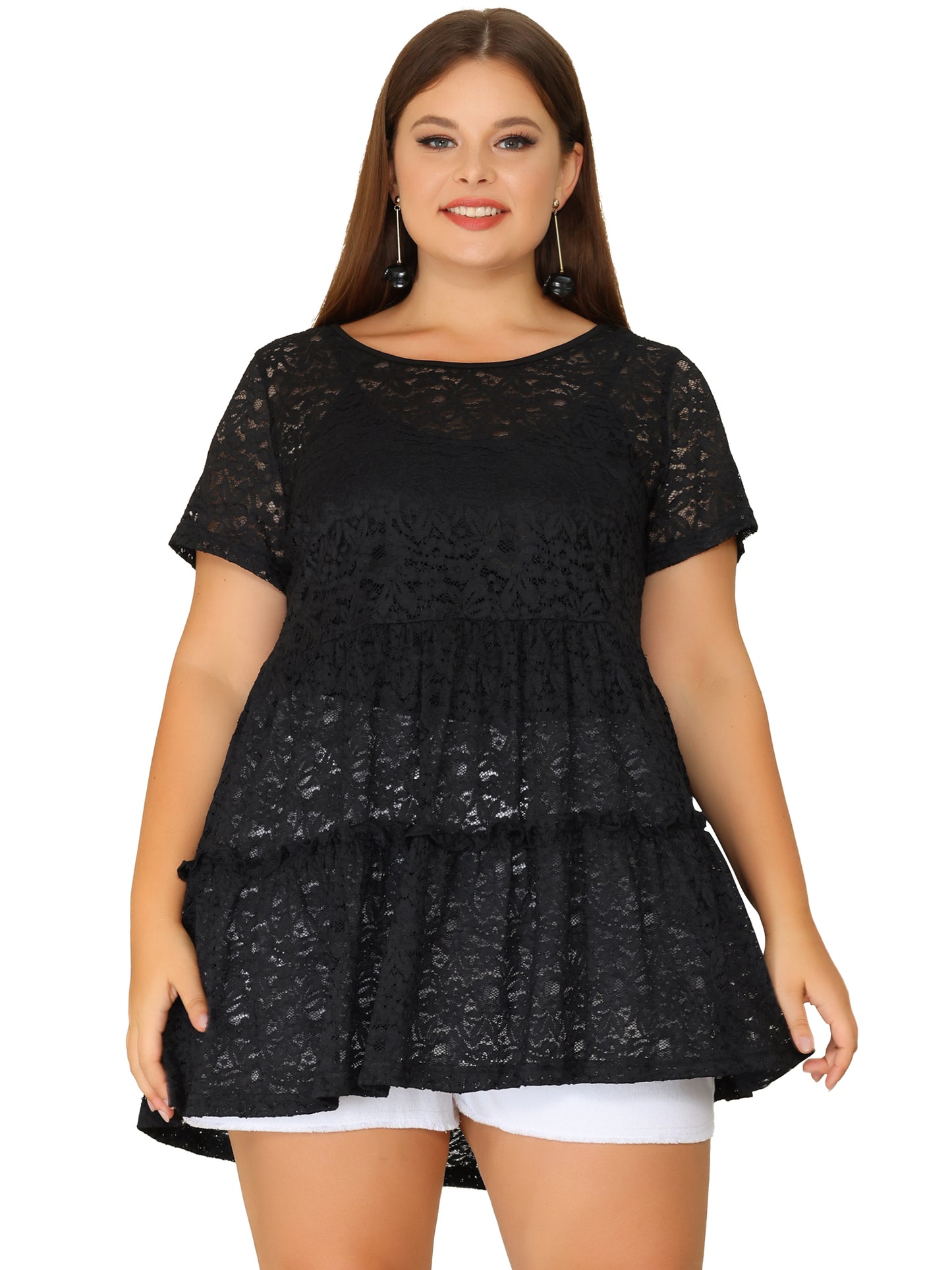 Women Plus Size Babydolls Blouse Lace Allover Short Sleeve Tiered Peplum Top