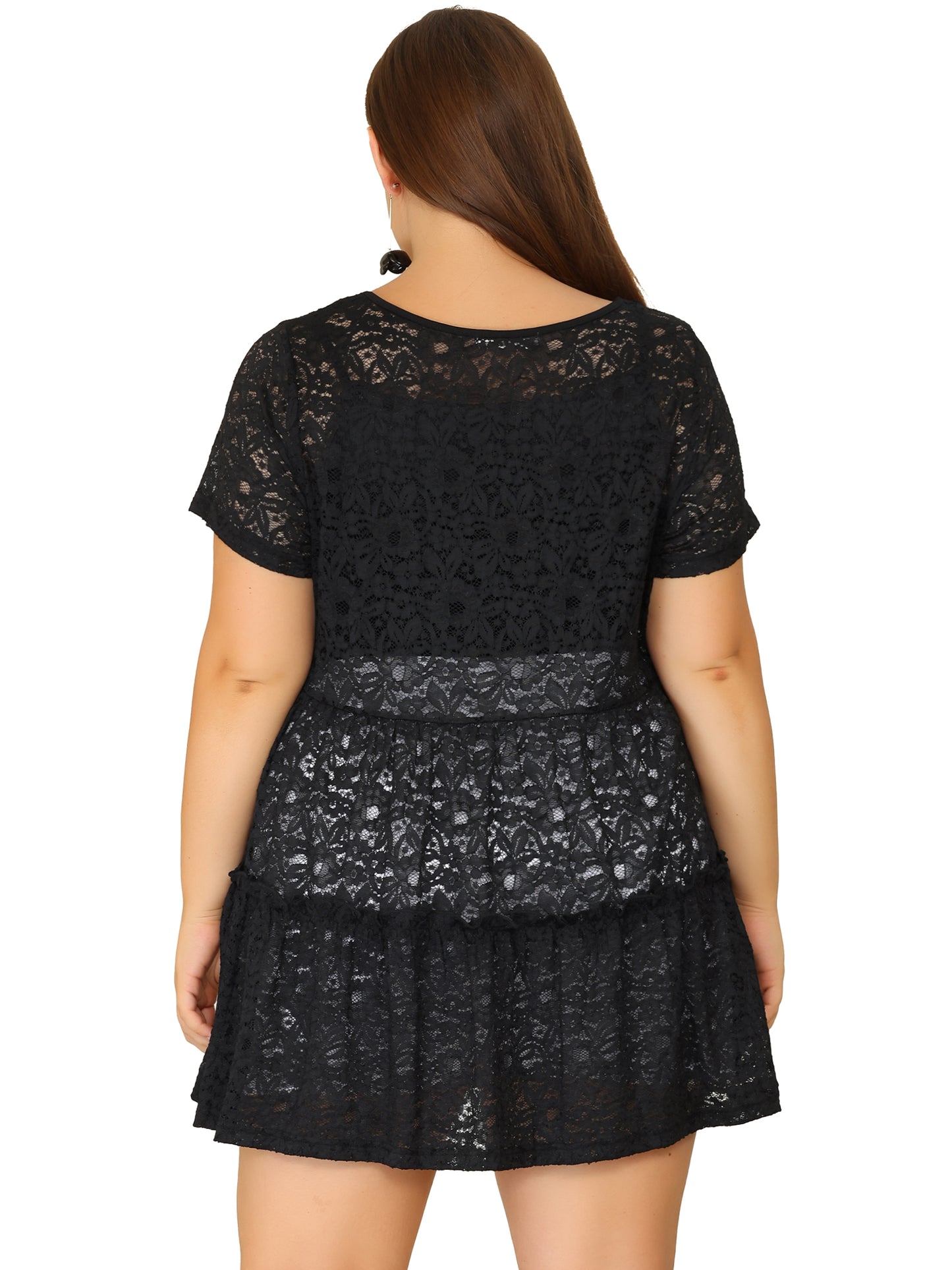 Women Plus Size Babydolls Blouse Lace Allover Short Sleeve Tiered Peplum Top