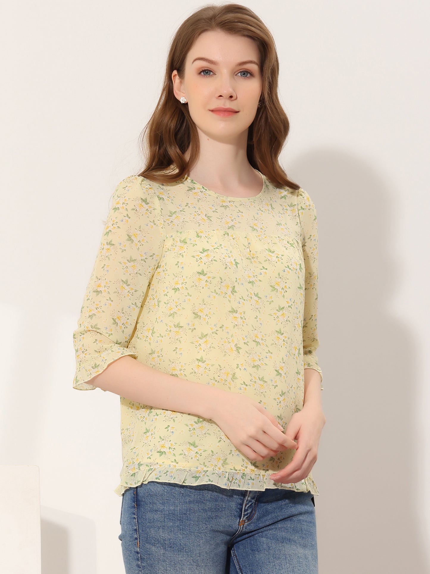 Women's Casual Ruffle 3/4 Sleeve Floral Print Chiffon Blouse