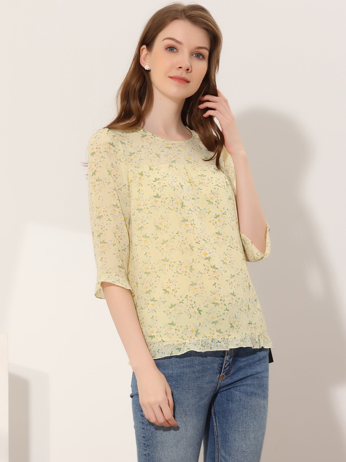Women's Casual Ruffle 3/4 Sleeve Floral Print Chiffon Blouse