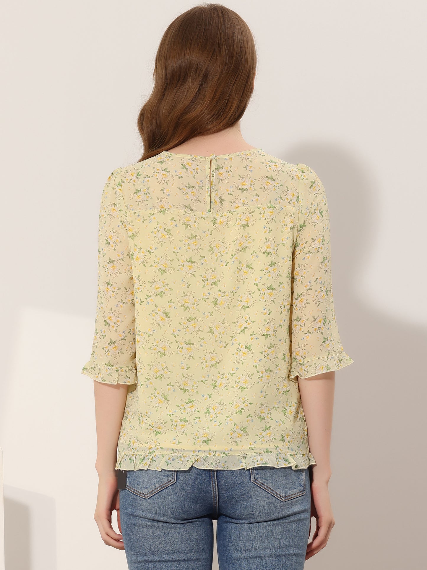 Women's Casual Ruffle 3/4 Sleeve Floral Print Chiffon Blouse