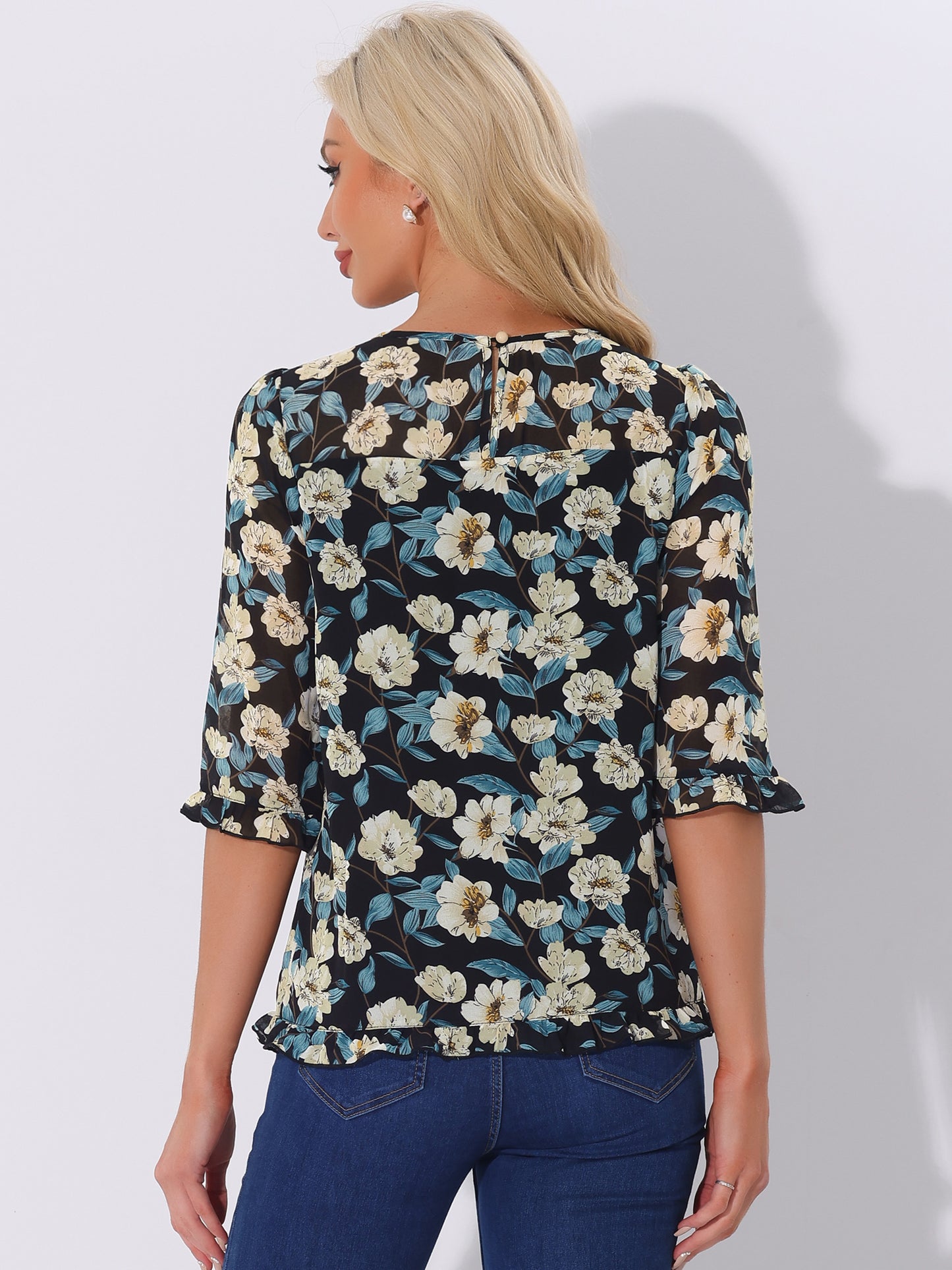 Women's Casual Ruffle 3/4 Sleeve Floral Print Chiffon Blouse