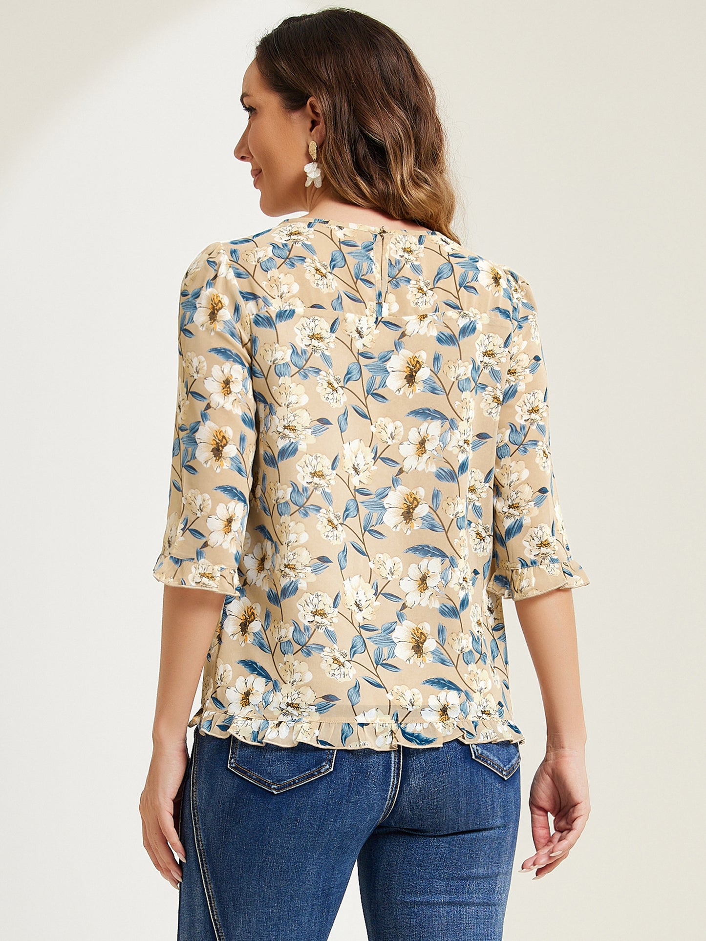 Women's Casual Ruffle 3/4 Sleeve Floral Print Chiffon Blouse