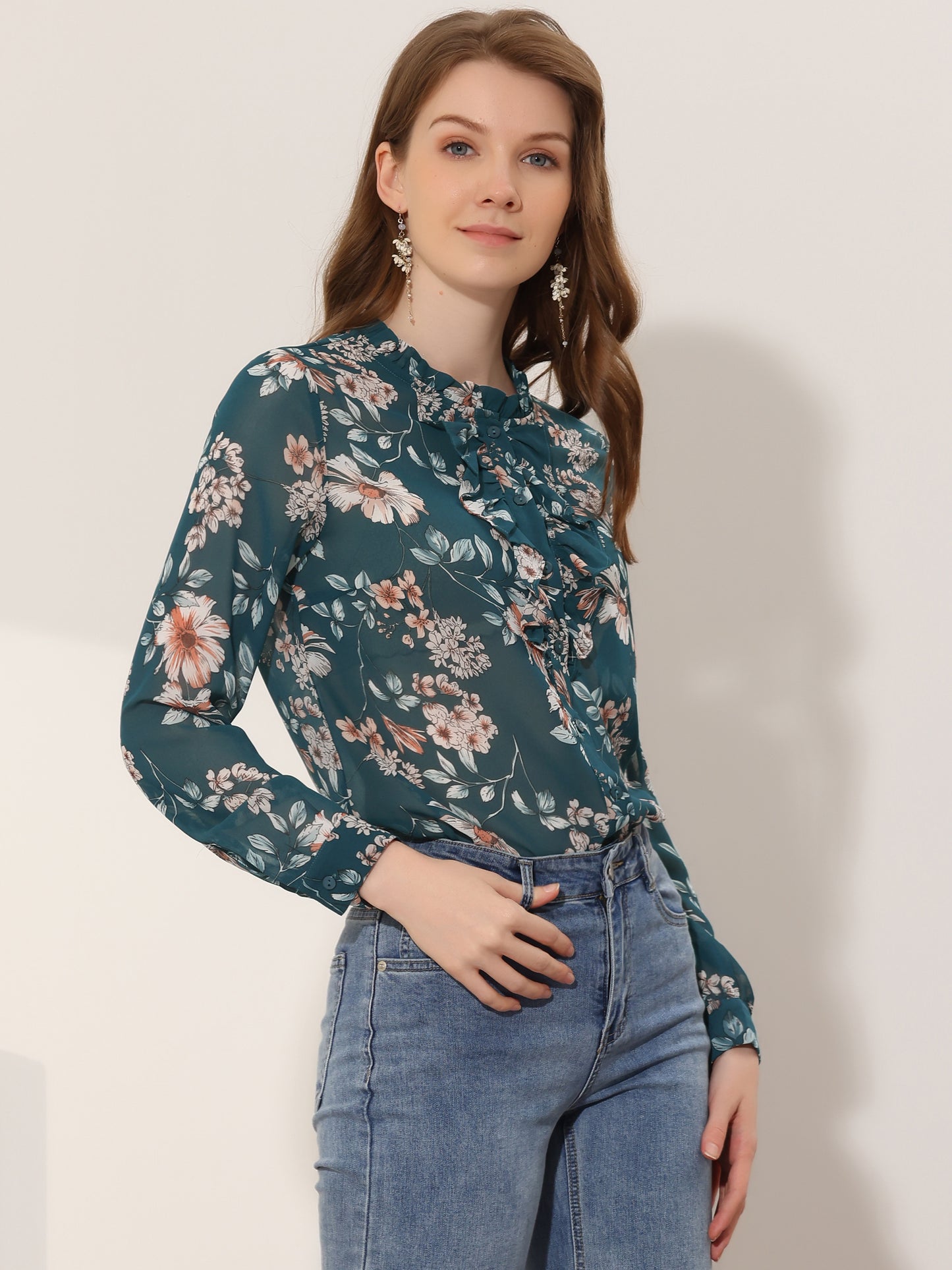 Women's Floral Blouse Shirt Long Sleeve Retro Ruffled Button Down Chiffon Top