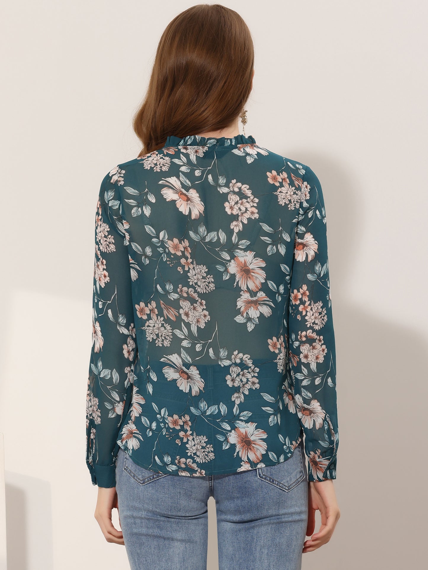 Women's Floral Blouse Shirt Long Sleeve Retro Ruffled Button Down Chiffon Top