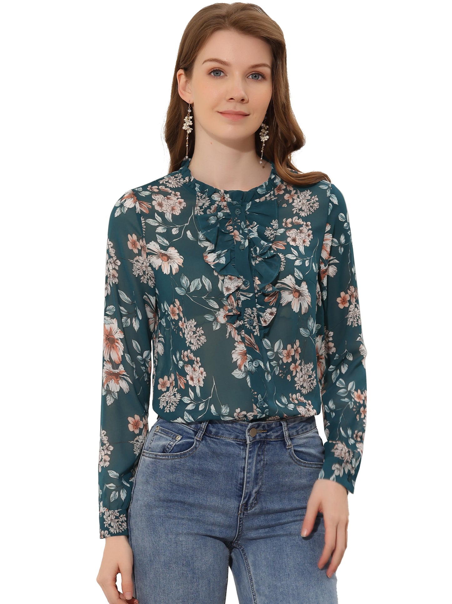 Women's Floral Blouse Shirt Long Sleeve Retro Ruffled Button Down Chiffon Top