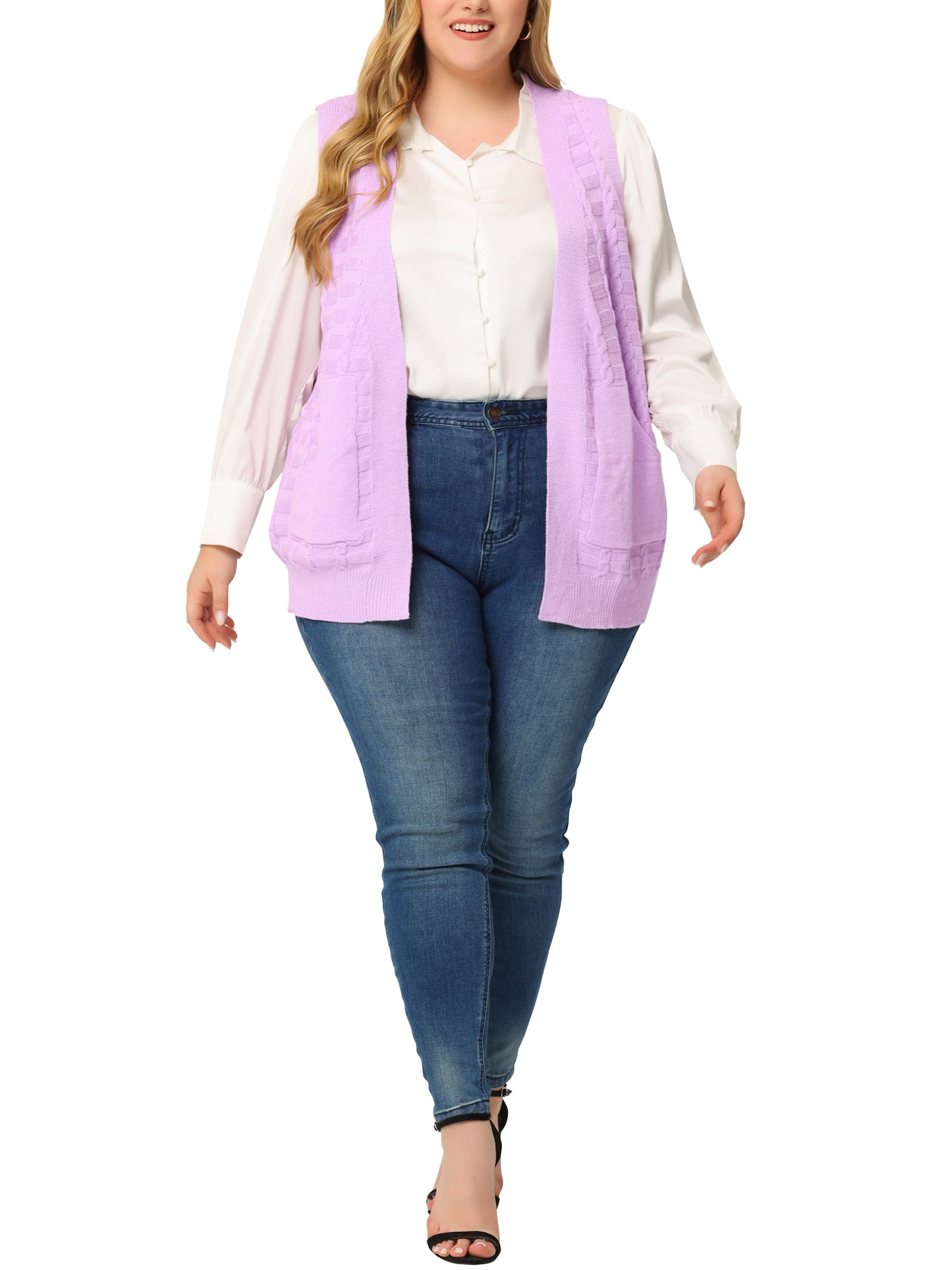 Women's Plus Size Cardigan Vest Sleeveless Knit Open Front Cable Sweater Cardigan