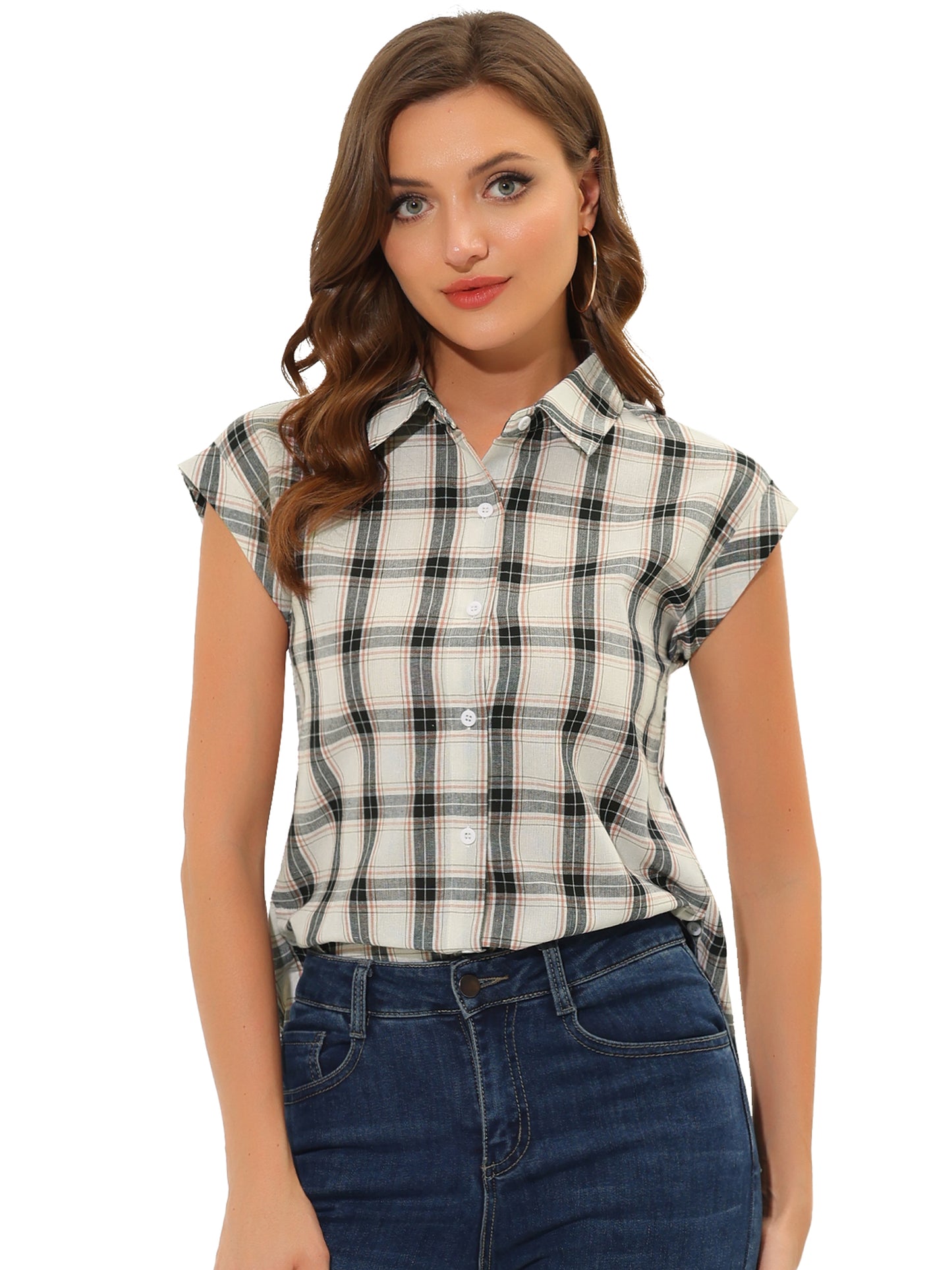 Women's Summer Plaid Cap Sleeves Button Down Shirt