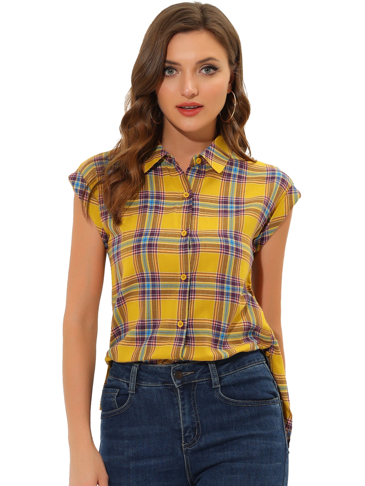 Women's Summer Plaid Cap Sleeves Button Down Shirt