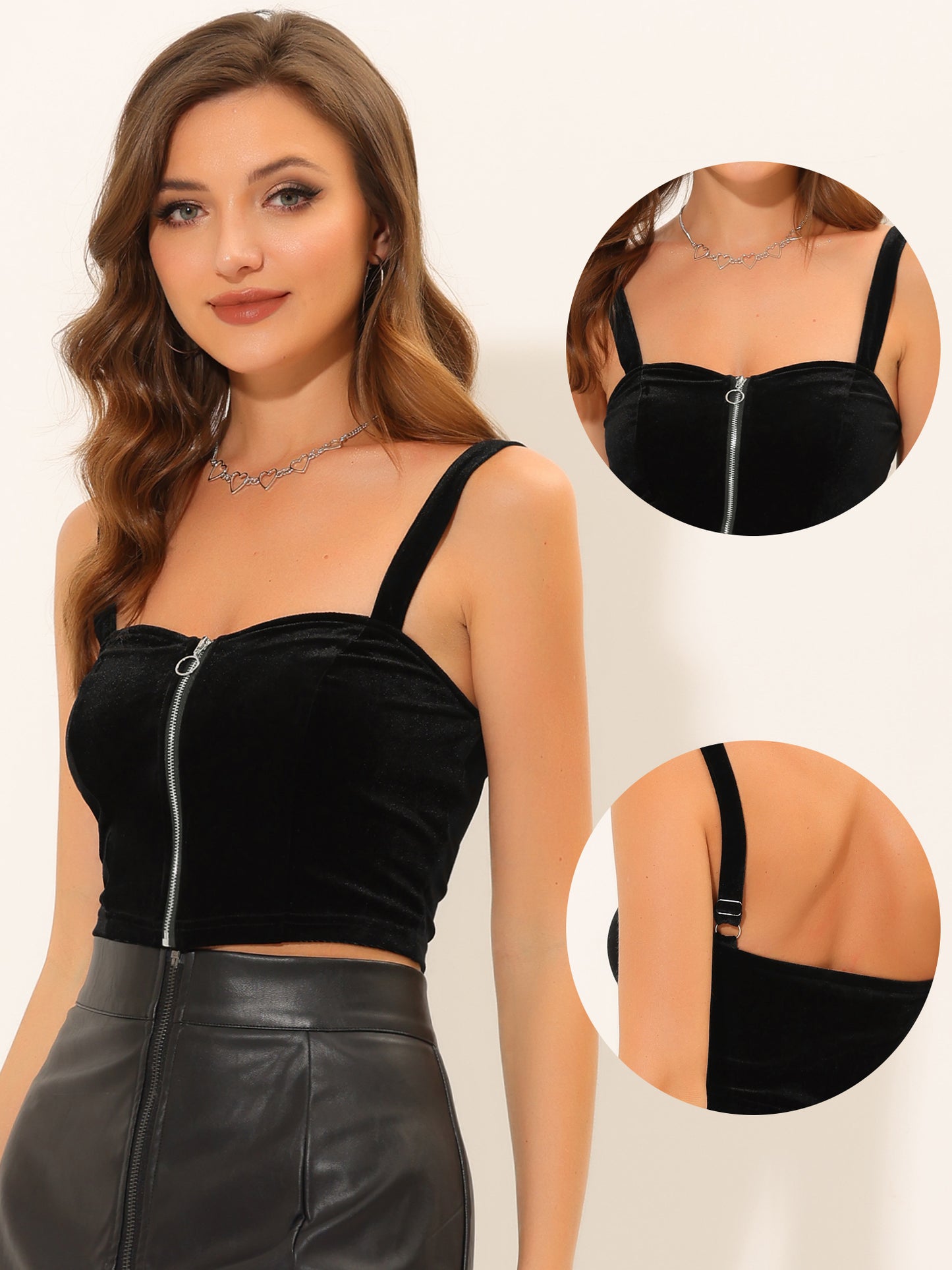 Women's Sleeveless Spaghetti Strap Zip Up Slim Fit Party Glam Velvet Cami Tank Crop Top