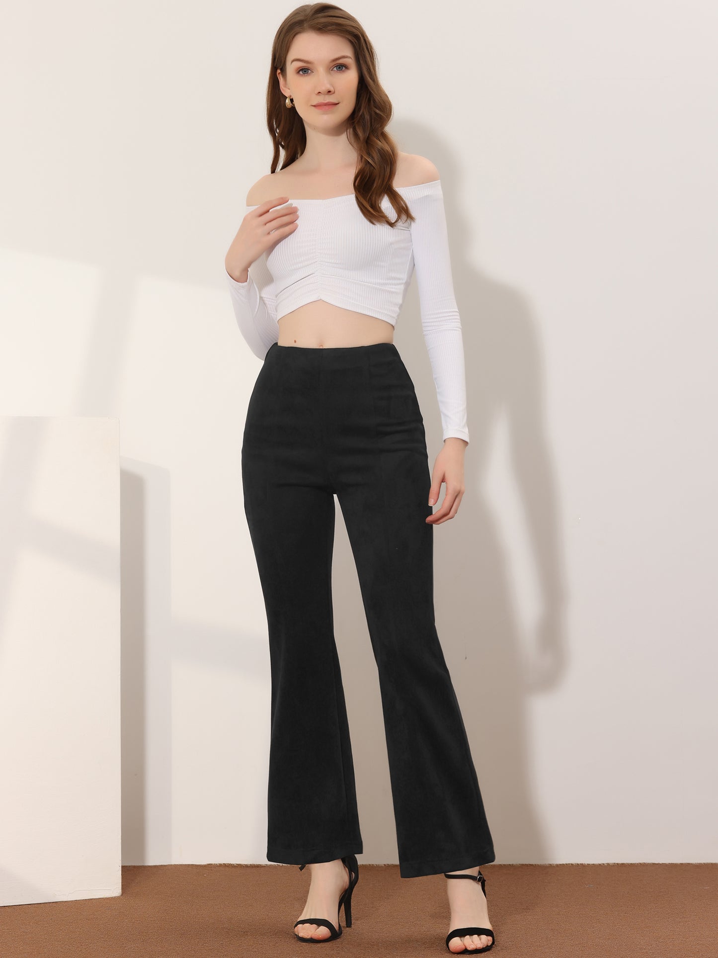 Women's Faux Suede Pants Business Casual Wide Legs Bell Bottom Flared Trousers (Available in Plus Size)