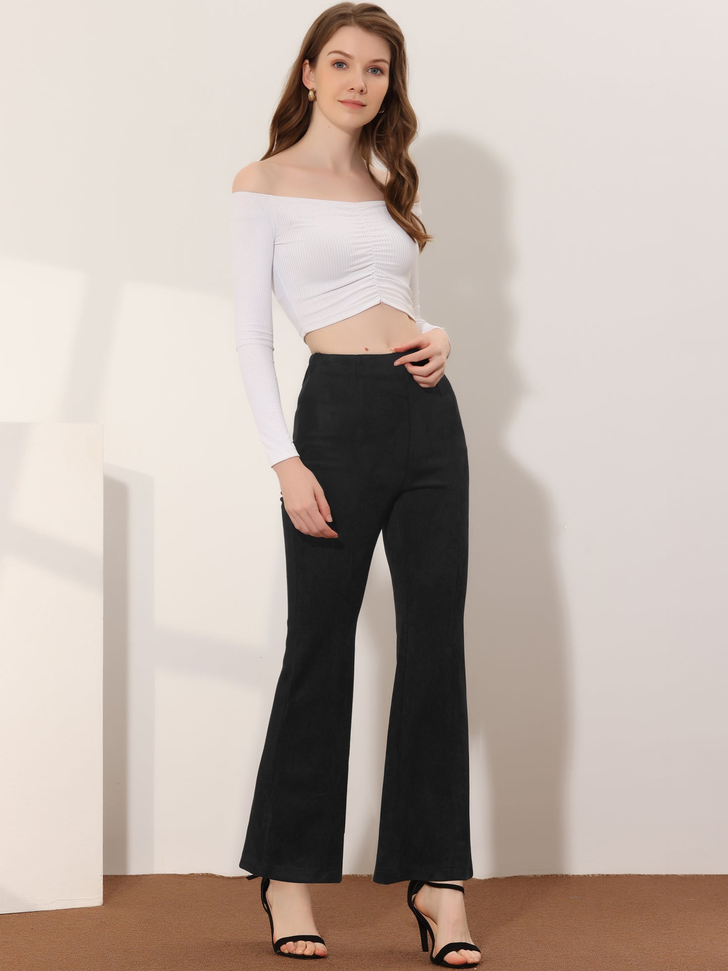 Women's Faux Suede Pants Business Casual Wide Legs Bell Bottom Flared Trousers (Available in Plus Size)