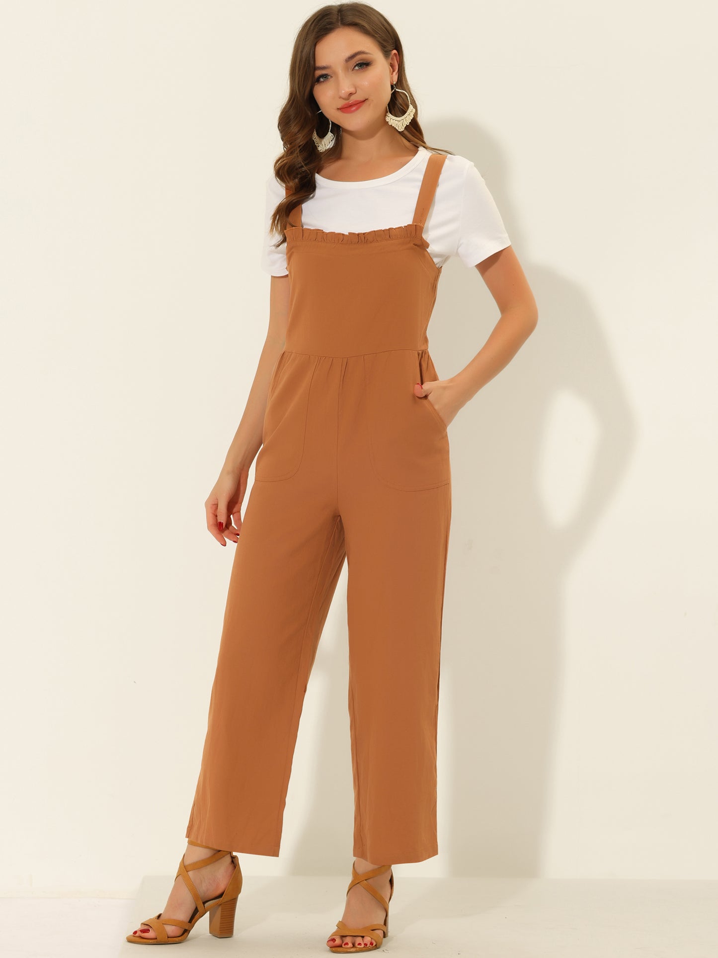 Women's Cotton Casual Vintage Pockets Wide Leg Overalls Jumpsuit