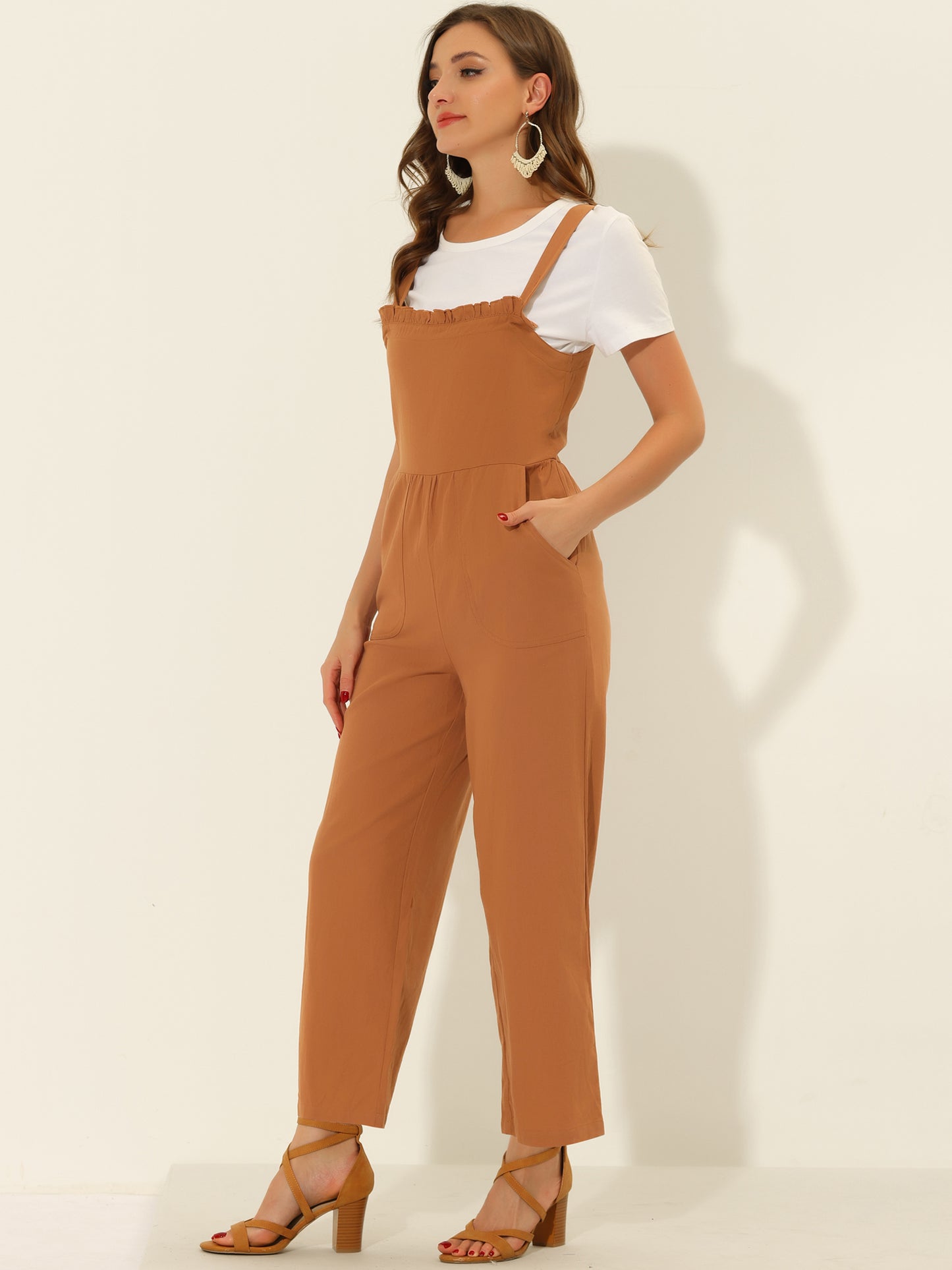 Women's Cotton Casual Vintage Pockets Wide Leg Overalls Jumpsuit