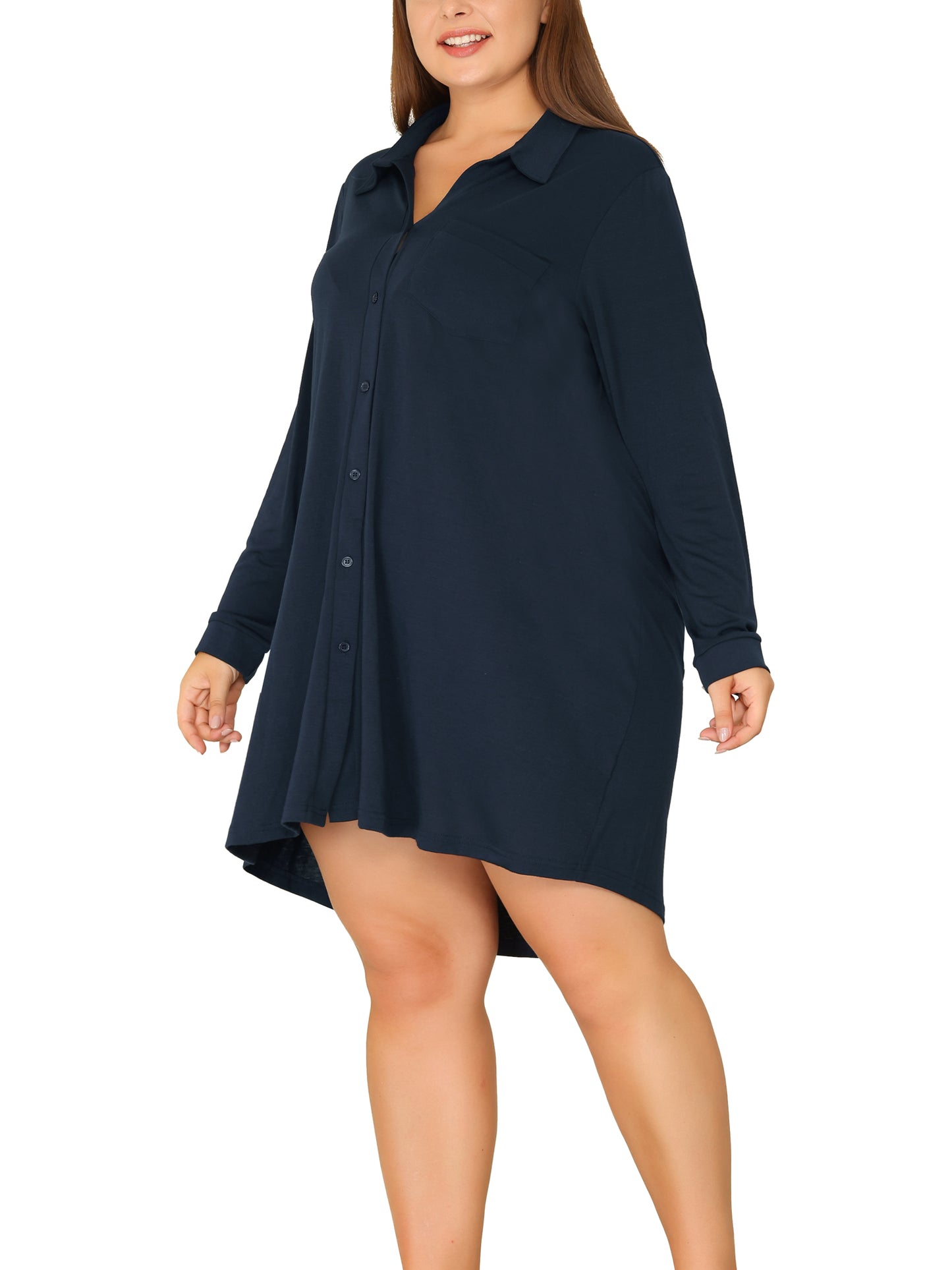Women Plus Size Nightshirt Long Sleeve Button Down Nightgown V-Neck Sleepwear Pajama Dress
