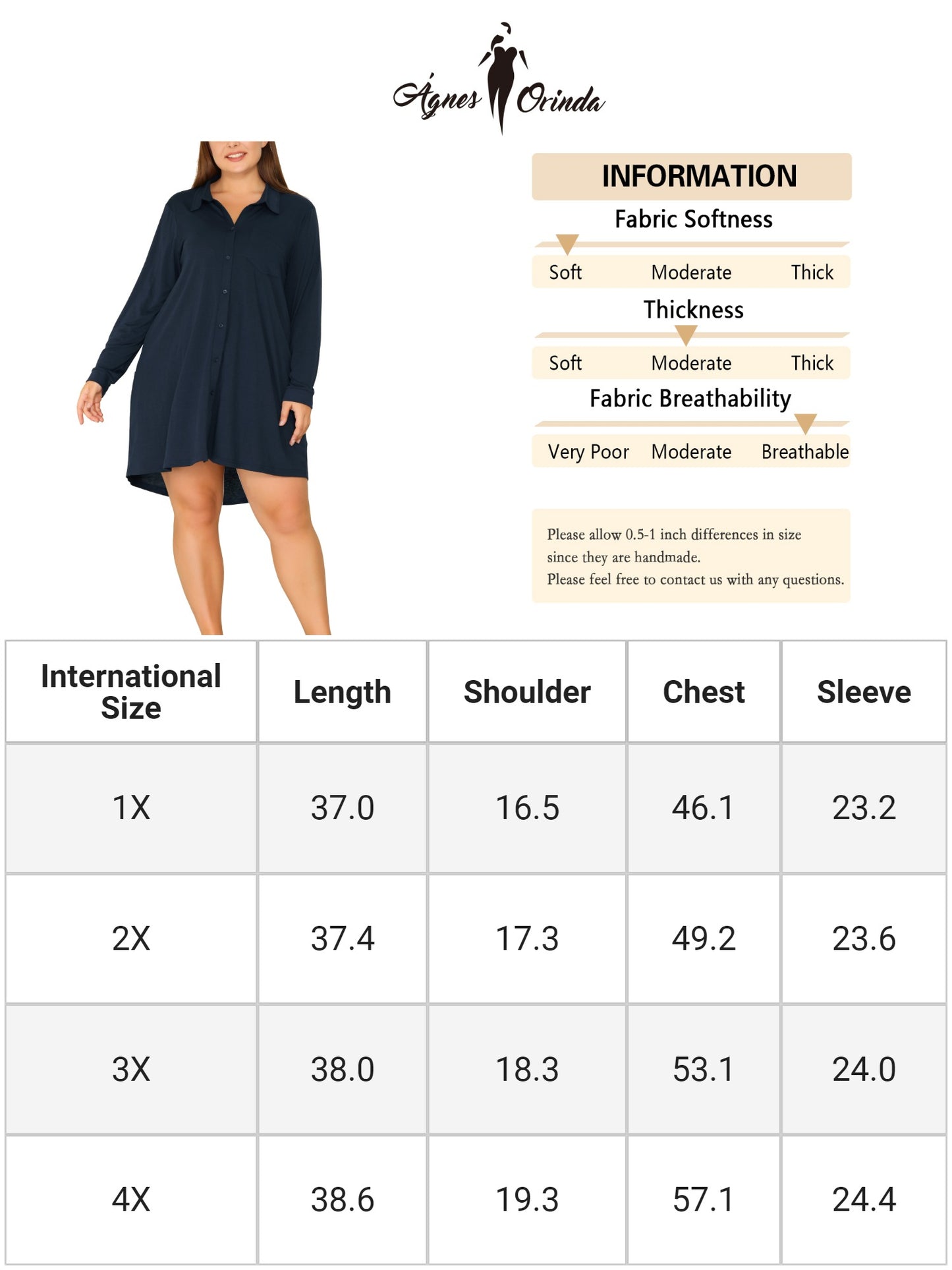 Women Plus Size Nightshirt Long Sleeve Button Down Nightgown V-Neck Sleepwear Pajama Dress