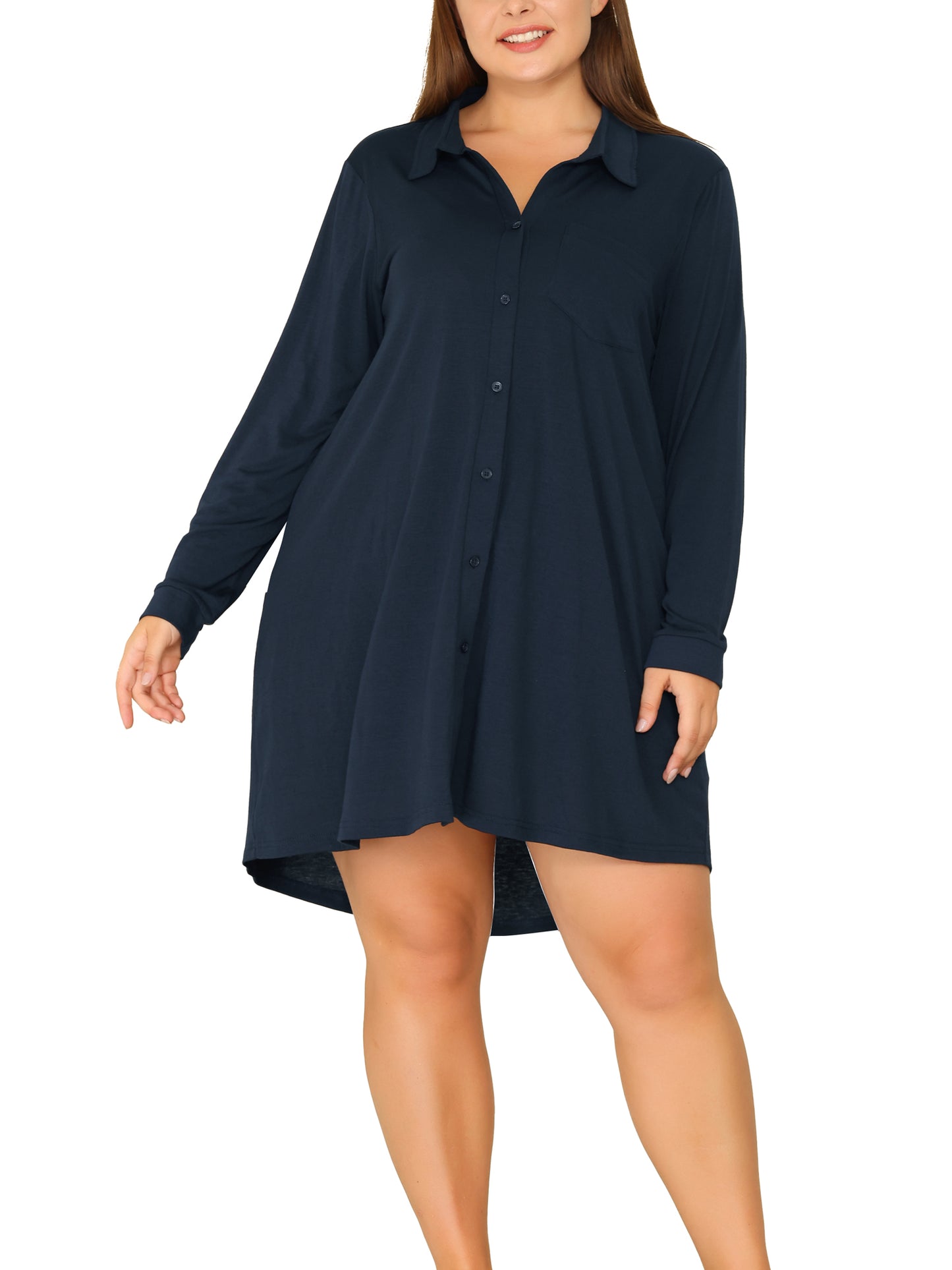 Women Plus Size Nightshirt Long Sleeve Button Down Nightgown V-Neck Sleepwear Pajama Dress