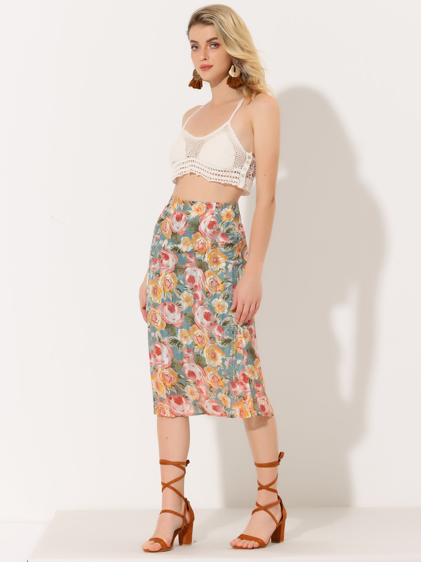 Falda tubo midi de cintura alta de gasa floral para mujer
