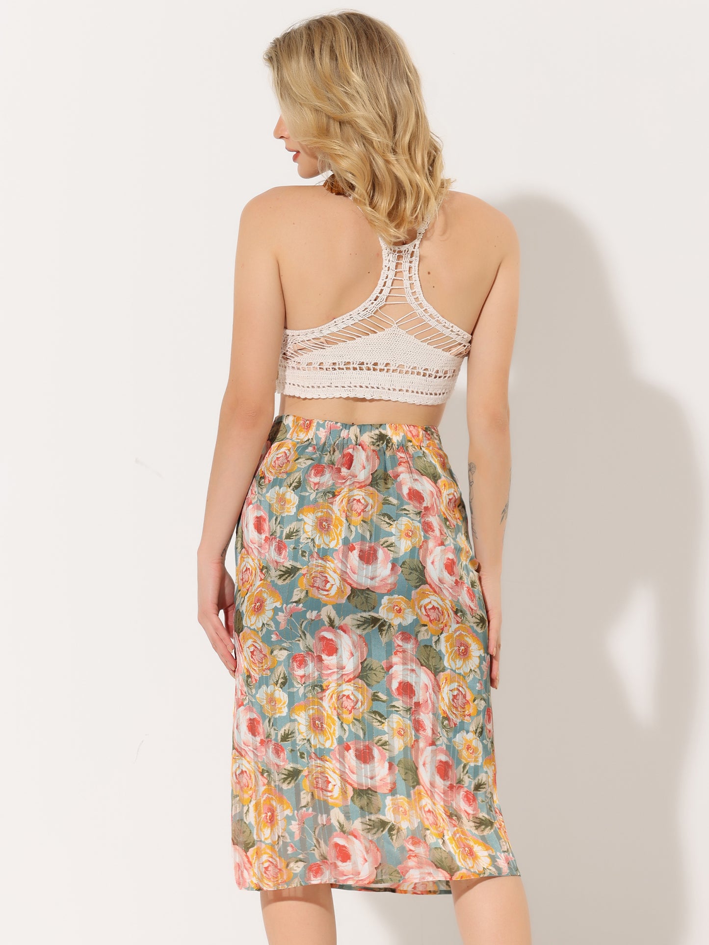 Falda tubo midi de cintura alta de gasa floral para mujer