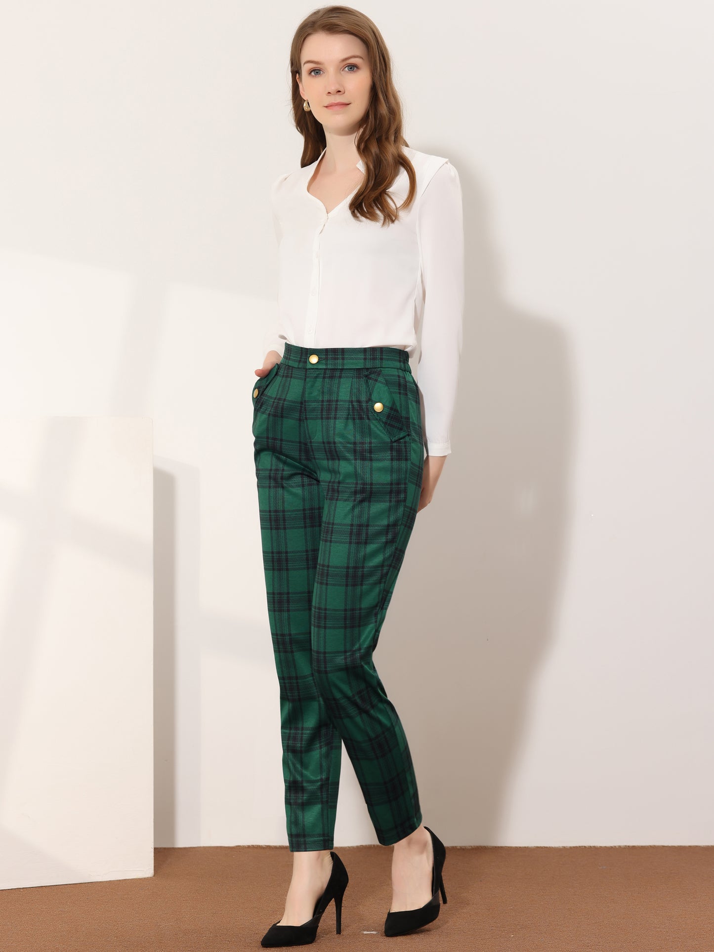 Women's Retro Tartan Plaid Pants Elastic Waist Straight Long Trousers (Available in Plus Size)