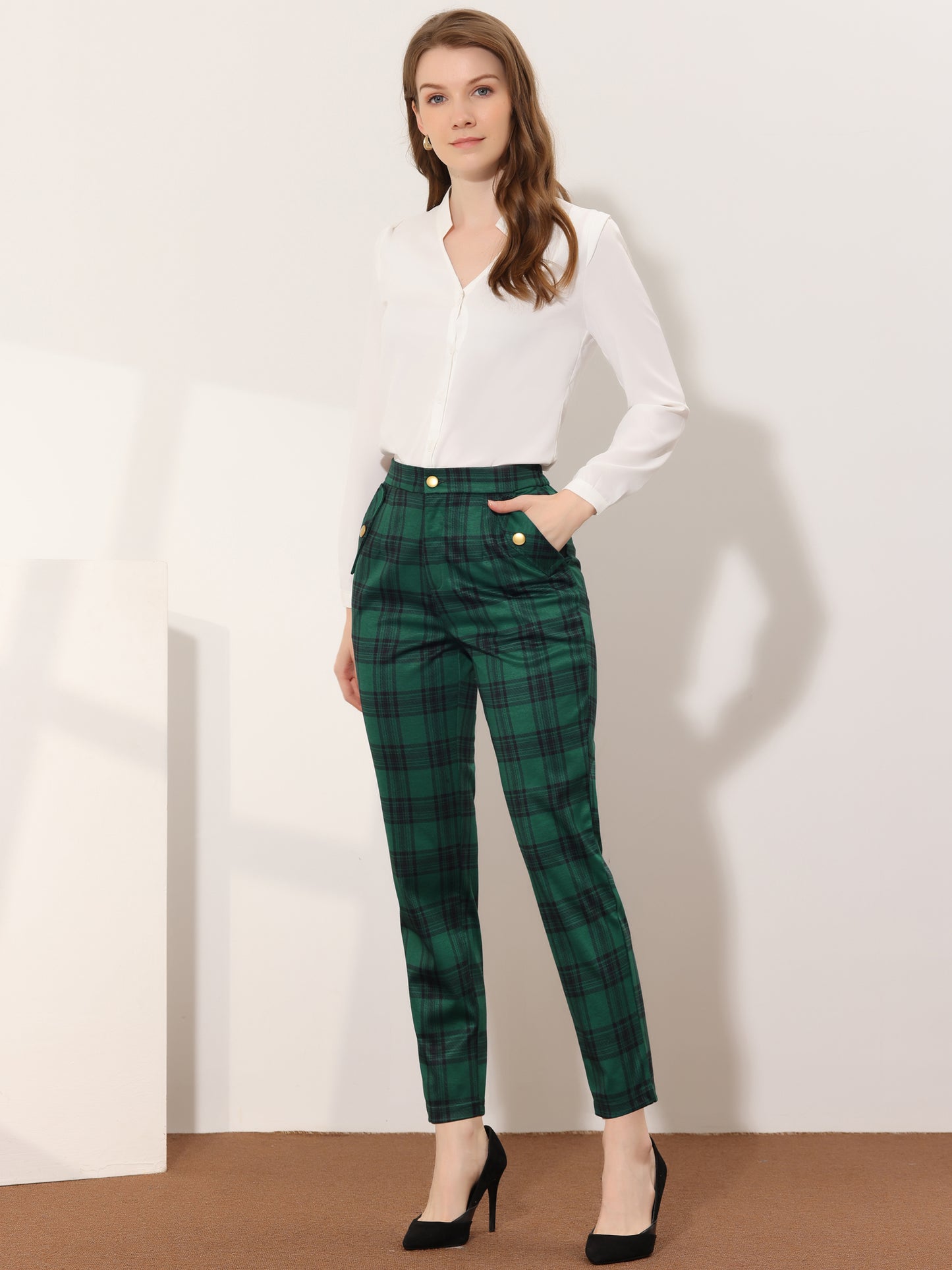 Women's Retro Tartan Plaid Pants Elastic Waist Straight Long Trousers (Available in Plus Size)