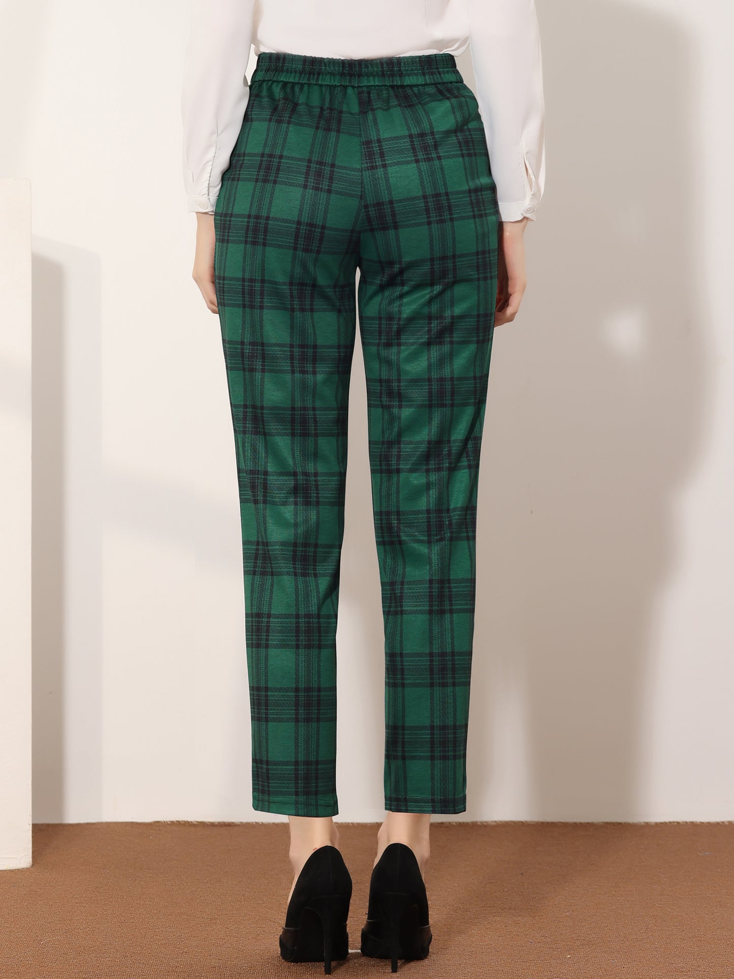 Women's Retro Tartan Plaid Pants Elastic Waist Straight Long Trousers (Available in Plus Size)