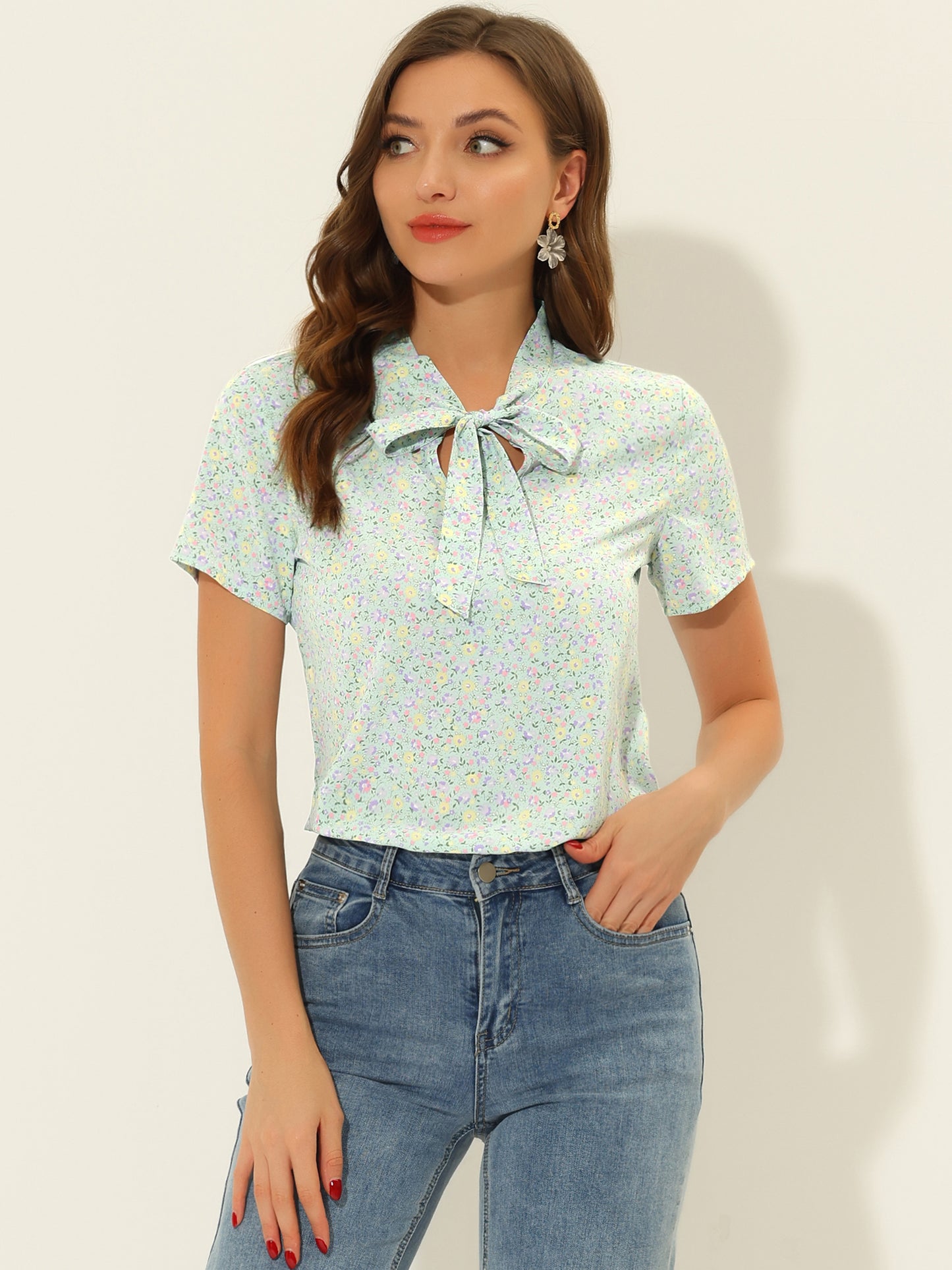 Women's Bow Tie Neck Short Sleeve Printed Chiffon Blouse