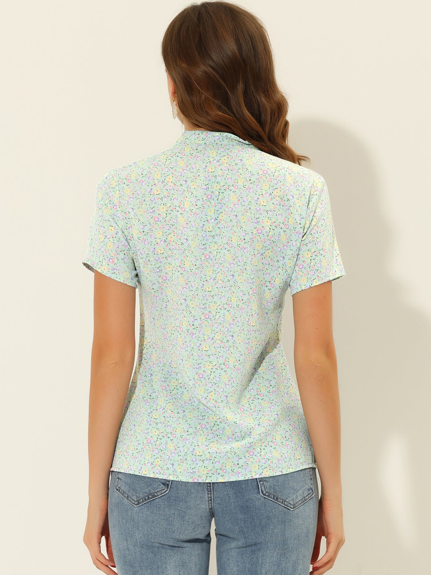 Women's Bow Tie Neck Short Sleeve Printed Chiffon Blouse