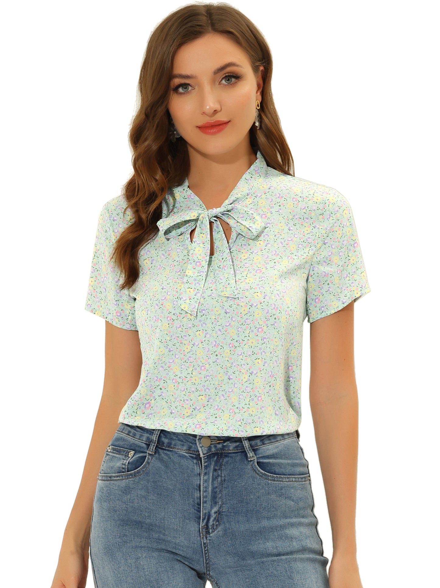 Women's Bow Tie Neck Short Sleeve Printed Chiffon Blouse