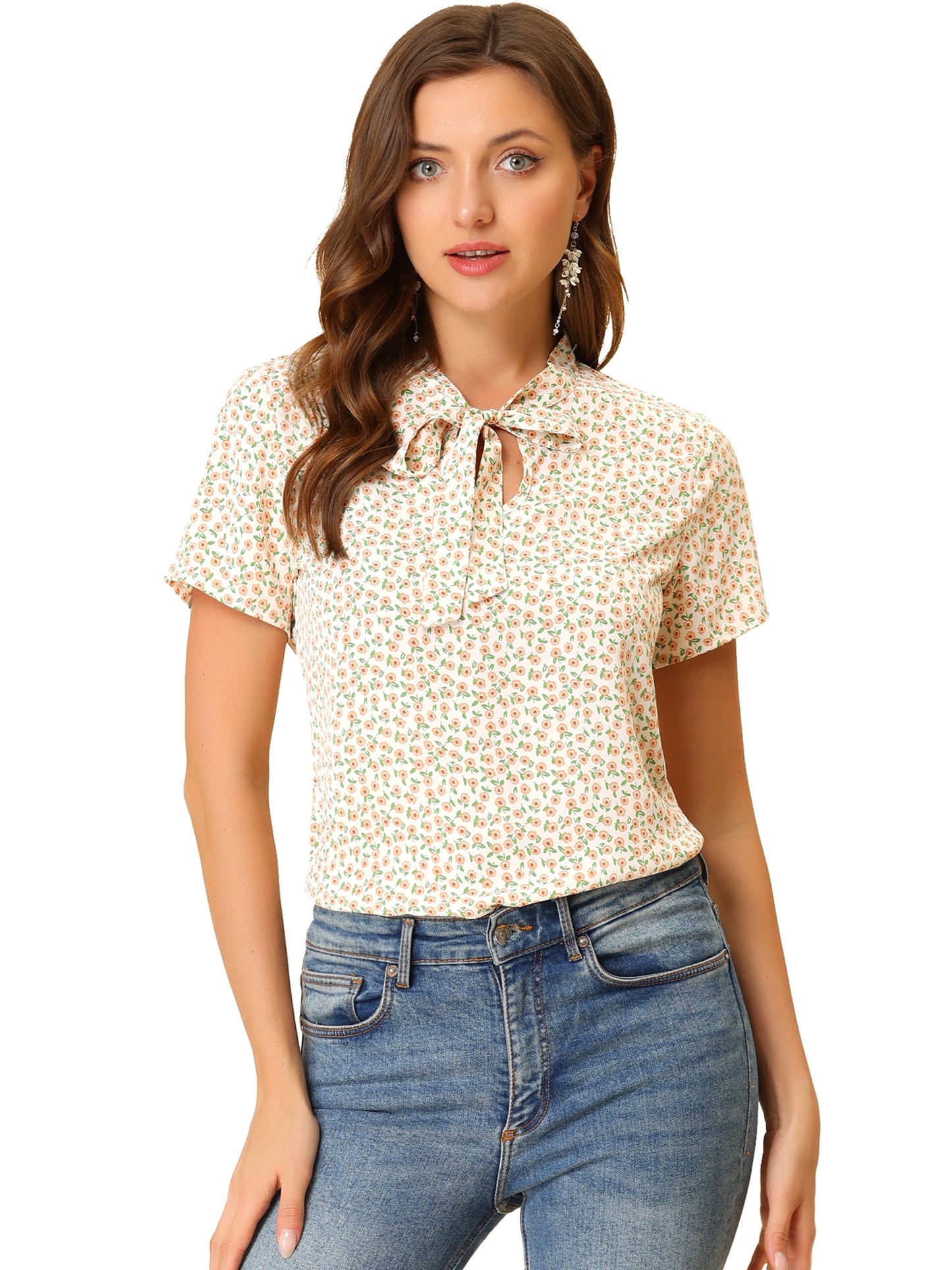 Women's Bow Tie Neck Short Sleeve Printed Chiffon Blouse