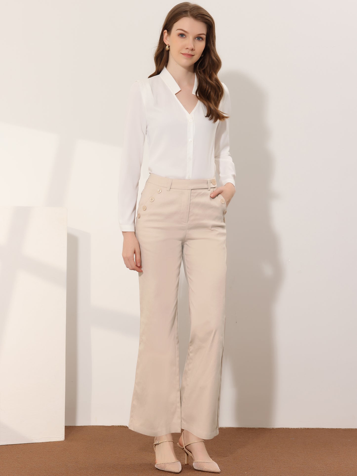 Pantalones largos acampanados de cintura alta para mujer, elegantes pantalones de trabajo