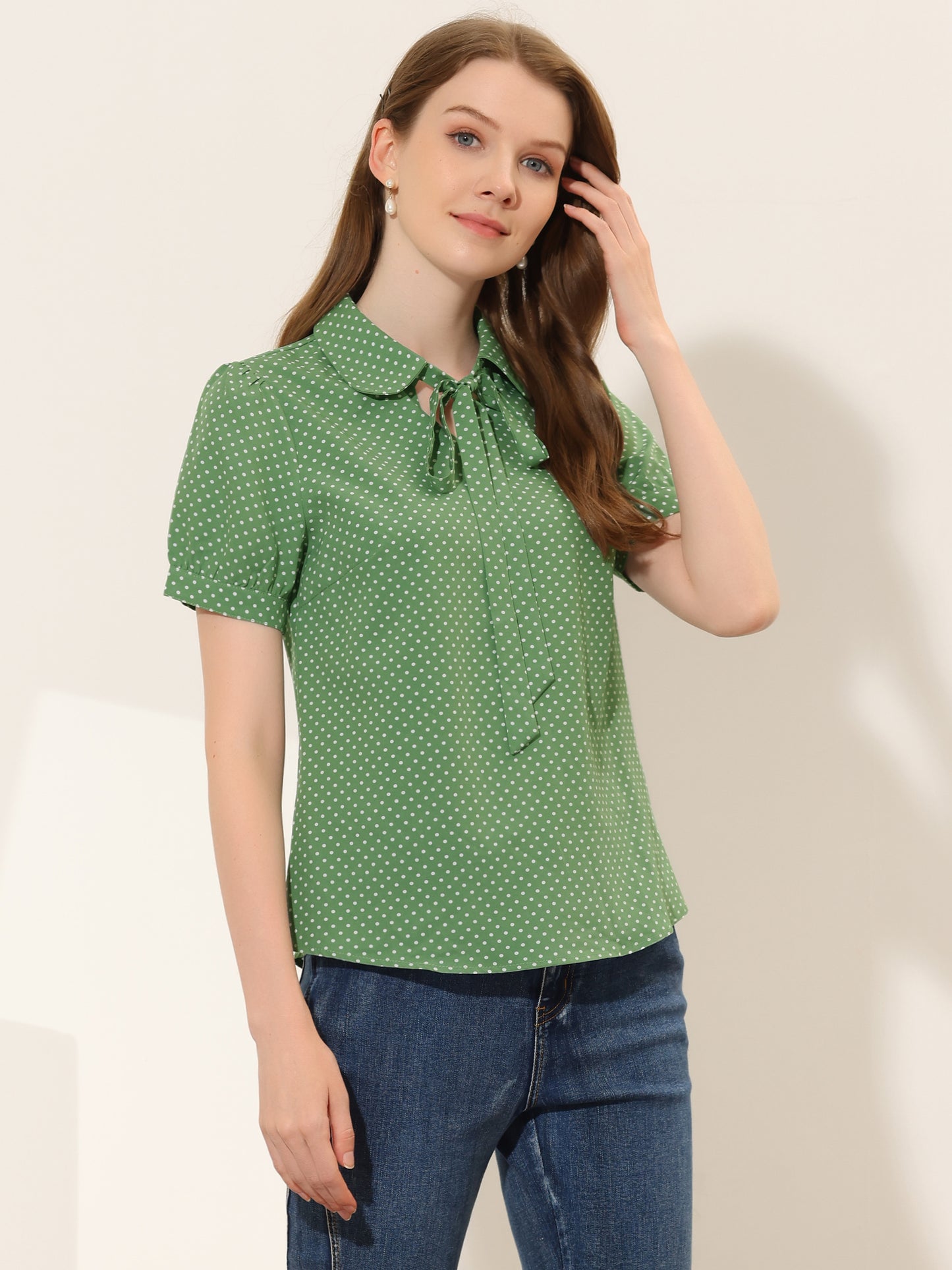 Blusa de gasa con cuello Peter Pan y pajarita estampada retro para mujer