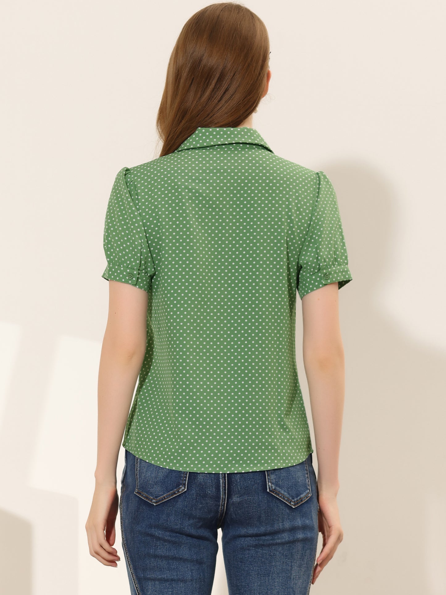 Blusa de gasa con cuello Peter Pan y pajarita estampada retro para mujer
