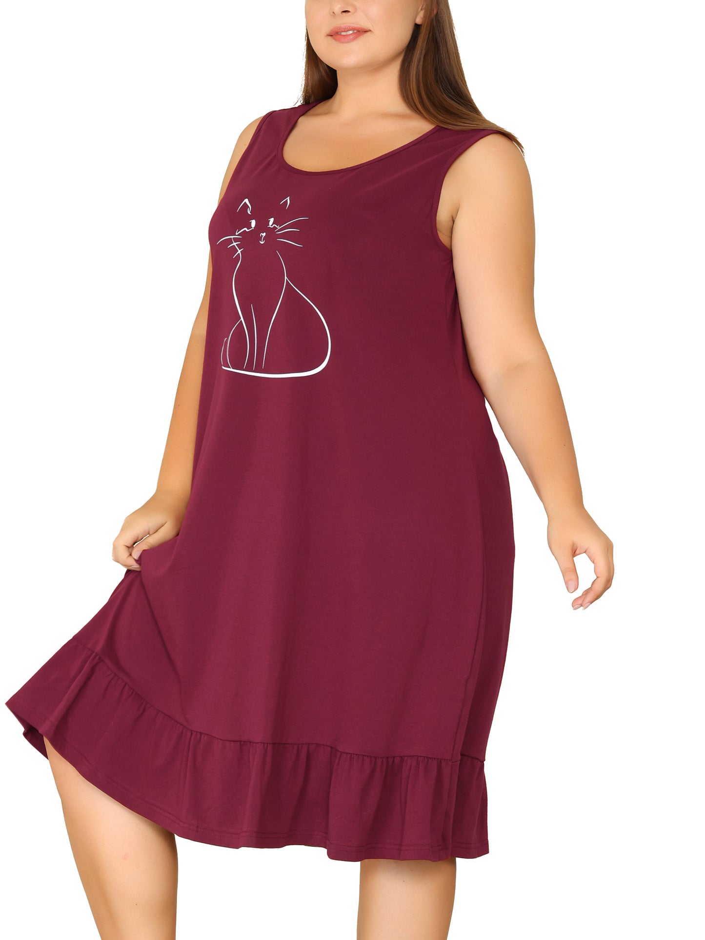Women Plus Size Sleeveless Nightdress Cute Cat Sleepwear Pajamas Nightgown Loungewear