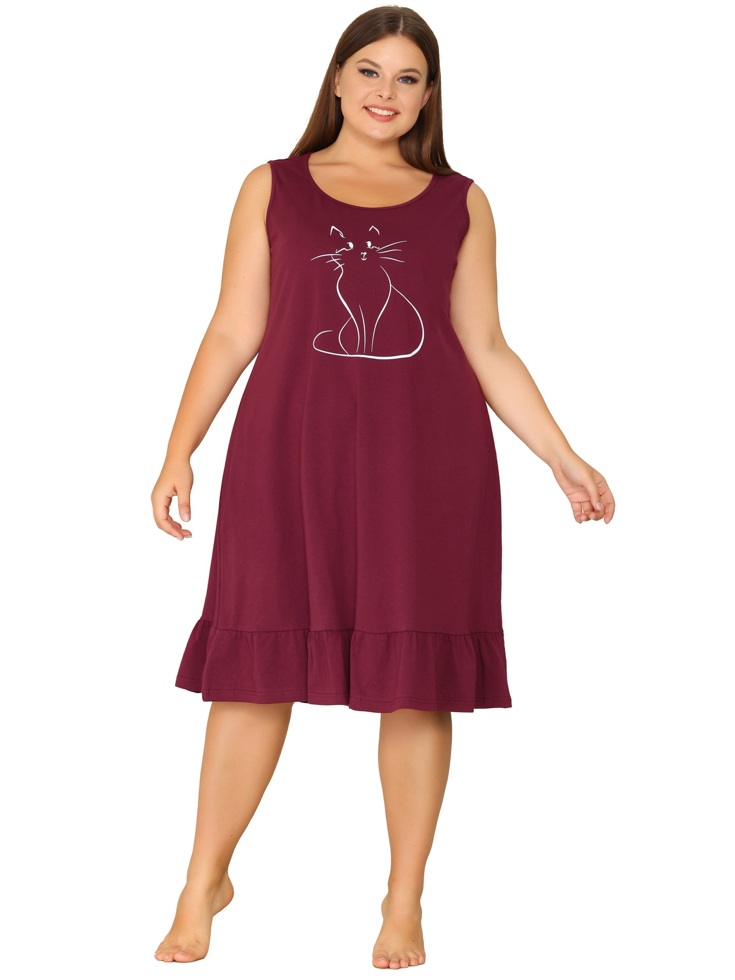 Women Plus Size Sleeveless Nightdress Cute Cat Sleepwear Pajamas Nightgown Loungewear