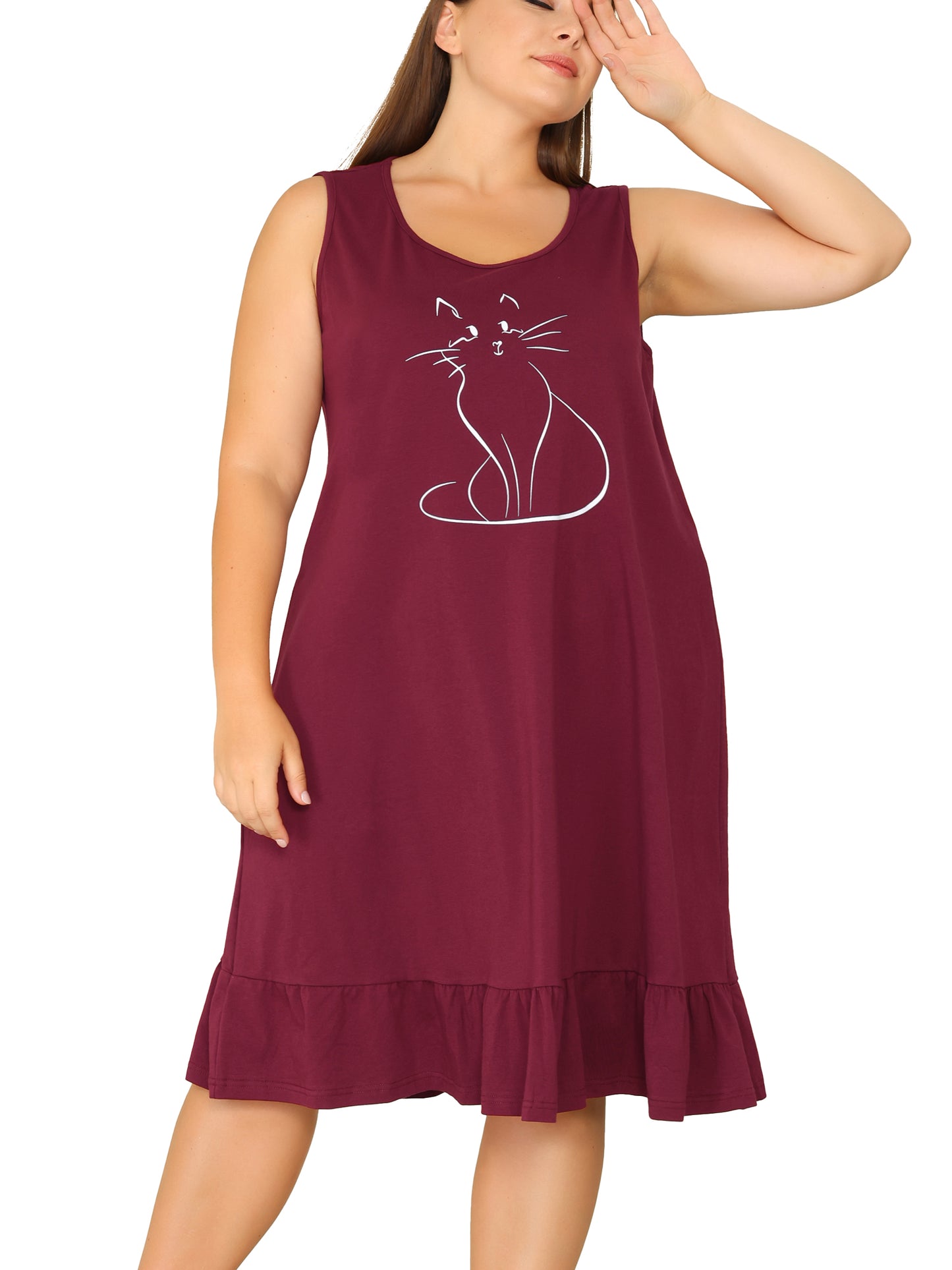 Women Plus Size Sleeveless Nightdress Cute Cat Sleepwear Pajamas Nightgown Loungewear