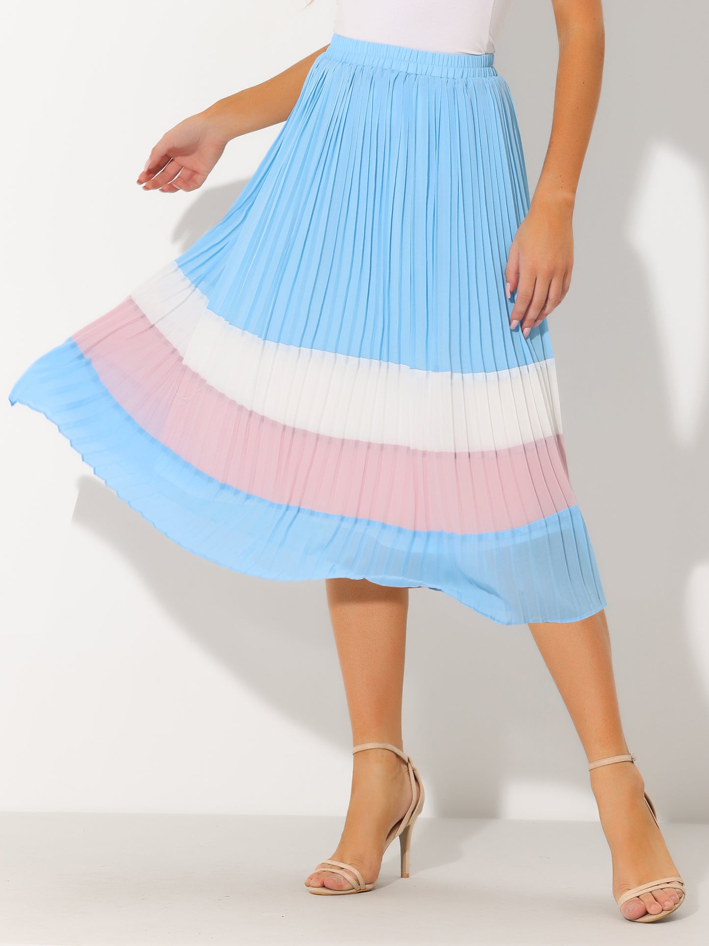 Women's Summer Elastic Waist Color Block A-Line Pleated Chiffon Midi Skirt