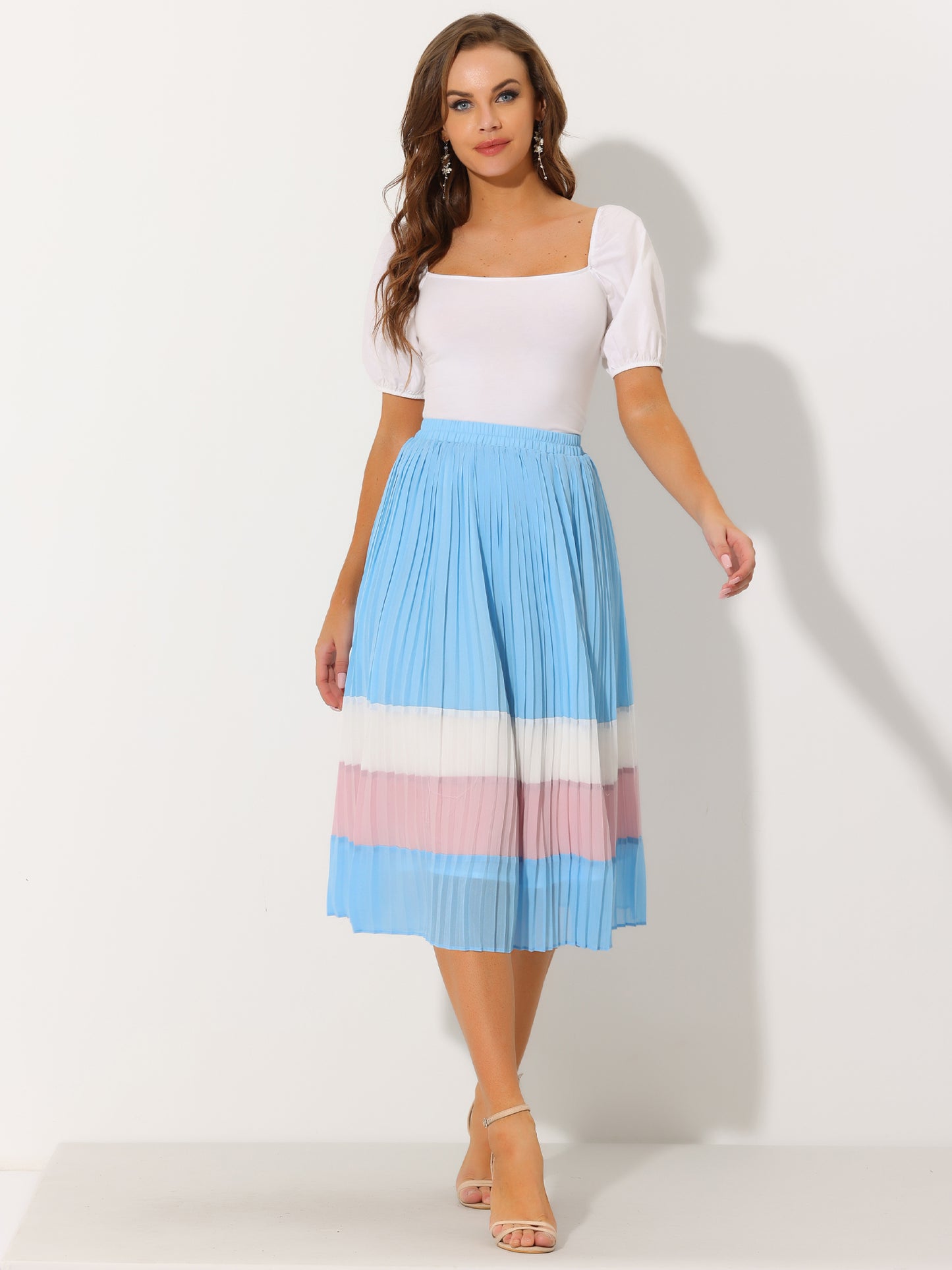 Women's Summer Elastic Waist Color Block A-Line Pleated Chiffon Midi Skirt
