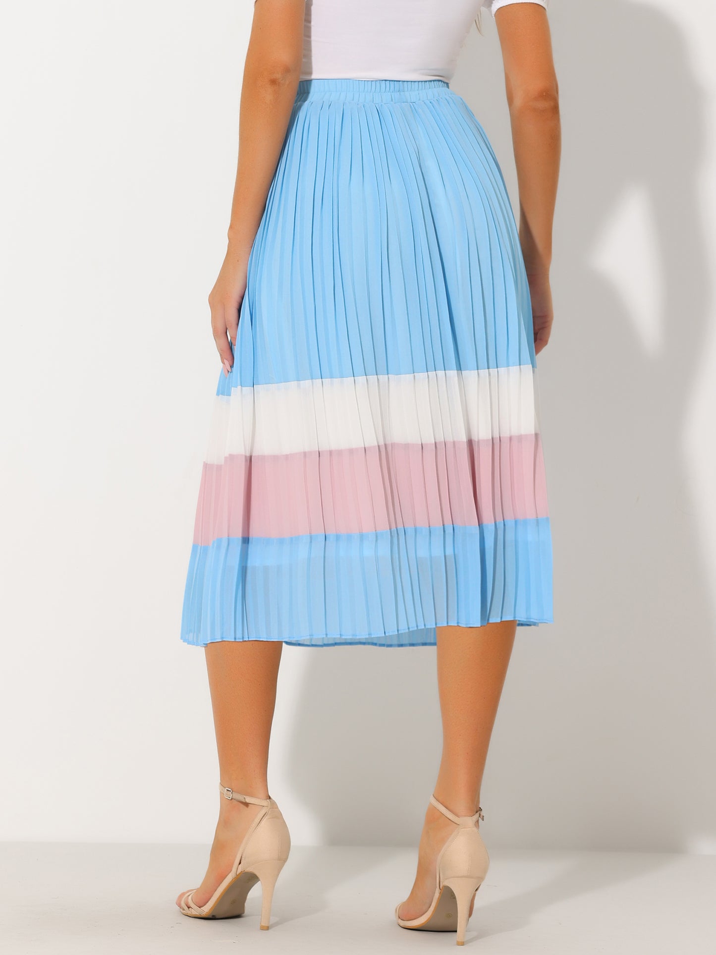 Women's Summer Elastic Waist Color Block A-Line Pleated Chiffon Midi Skirt