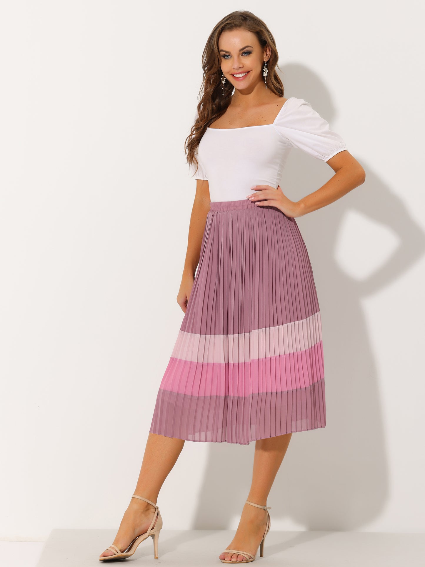 Falda midi plisada de gasa con cintura elástica y bloques de color de verano para mujer