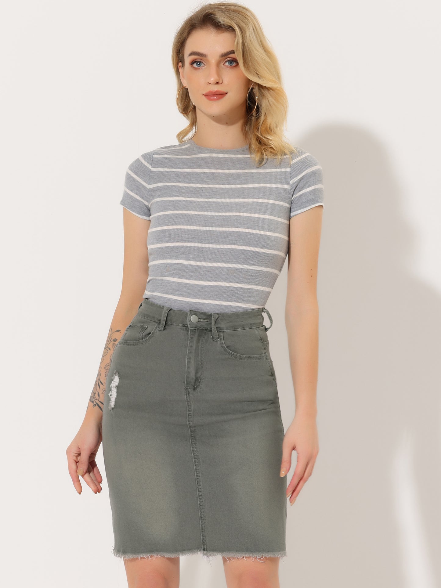 Falda vaquera básica desgastada con cintura alta y dobladillo rasgado para mujer