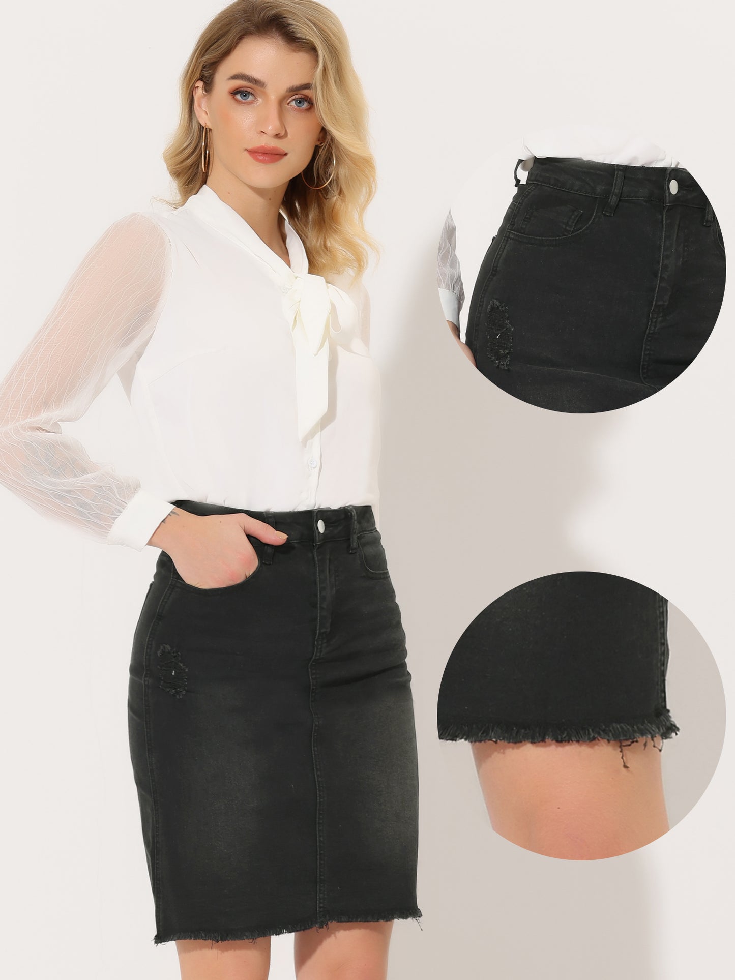 Women's Casual Distressed Knee Length Denim Skirt
