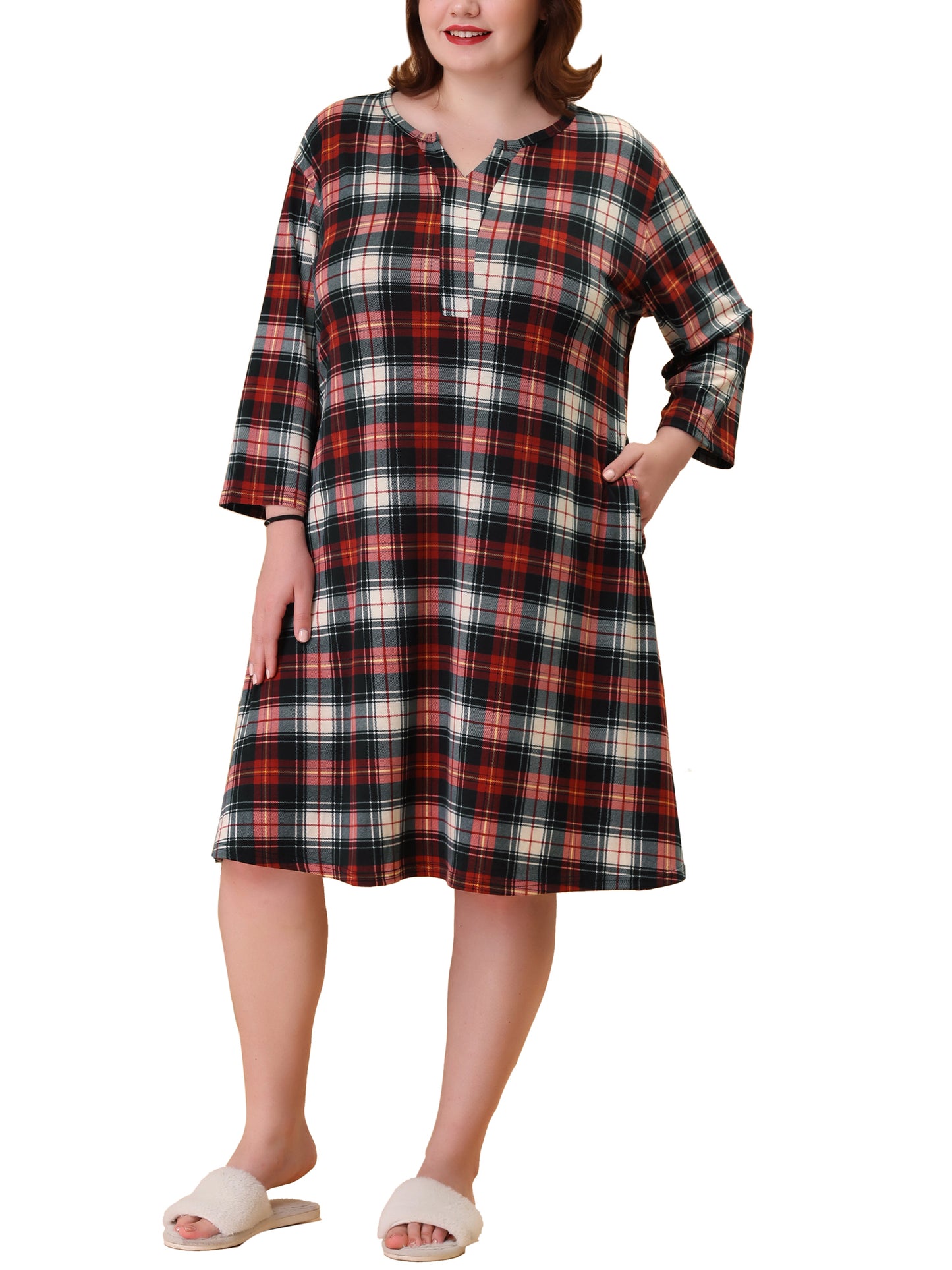 Women Plus Size Nightgown Plaid V Neck Lounge Sleep Dress Nightgowns