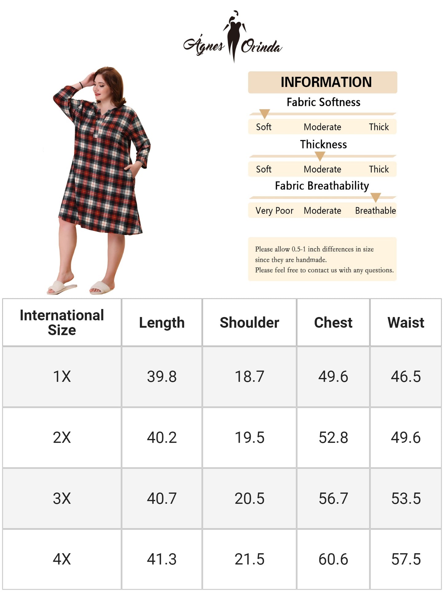 Camisón de talla grande para mujer, a cuadros, con cuello en V, para dormir