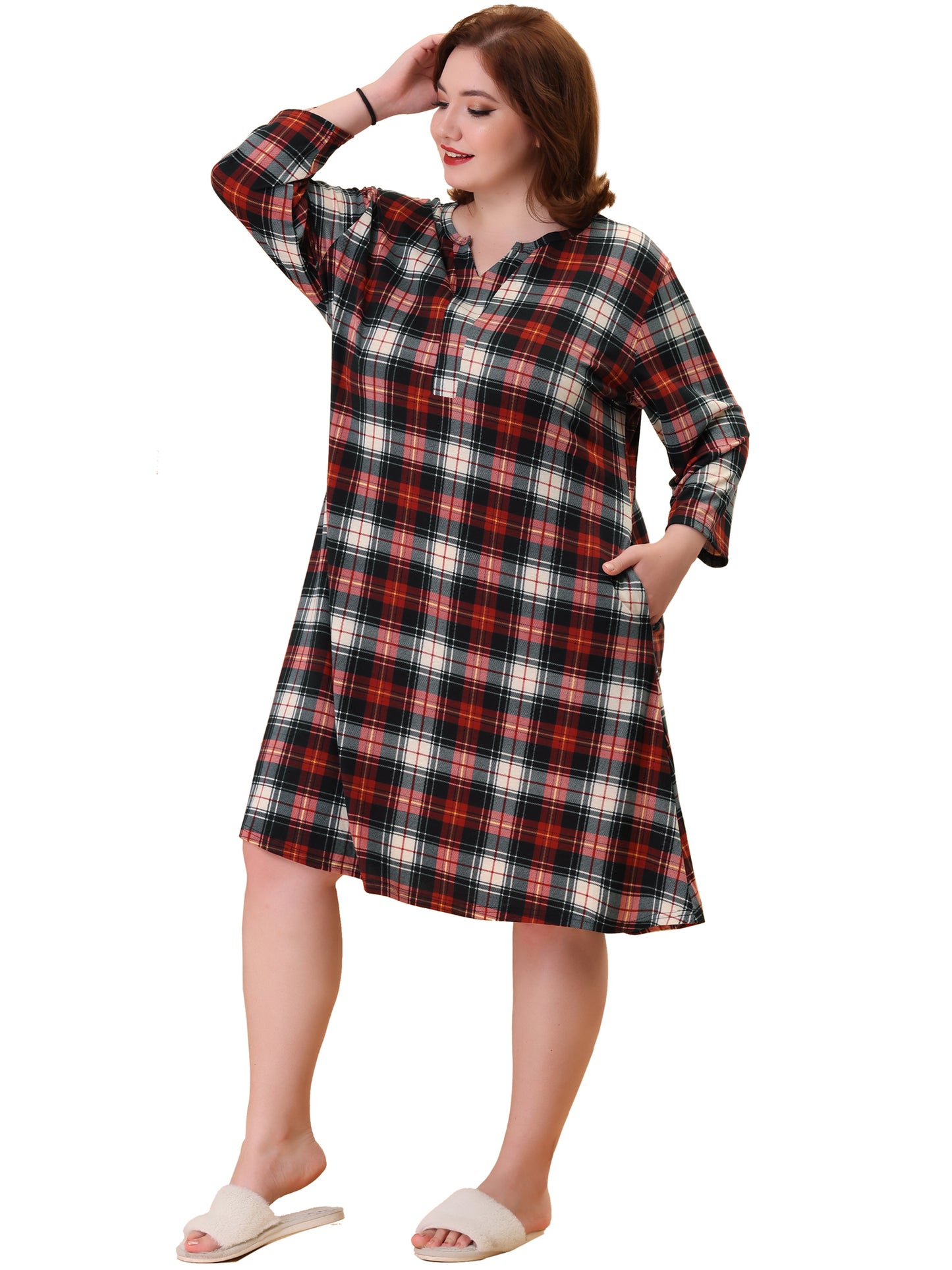 Women Plus Size Nightgown Plaid V Neck Lounge Sleep Dress Nightgowns