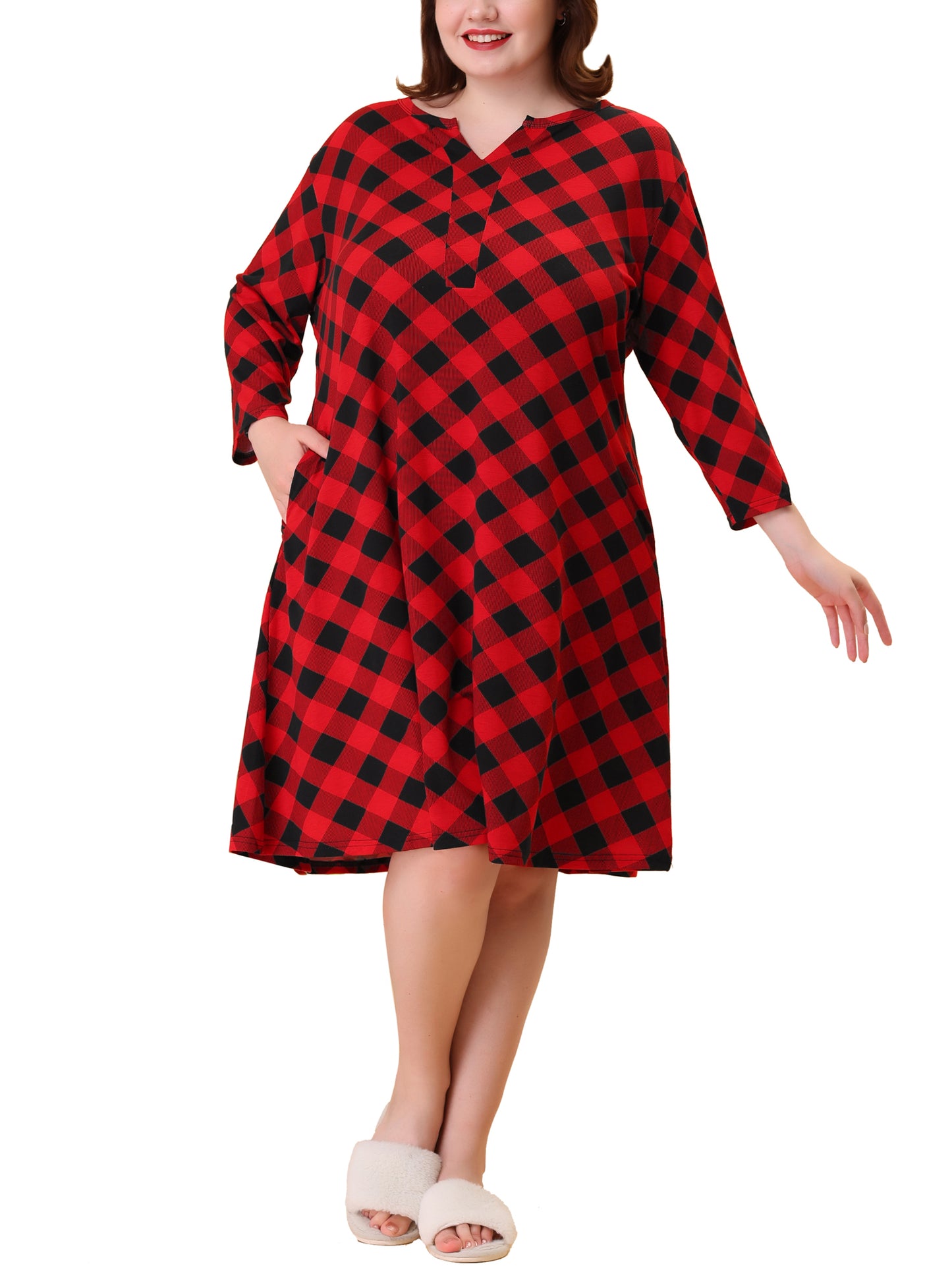 Camisón de talla grande para mujer, a cuadros, con cuello en V, para dormir