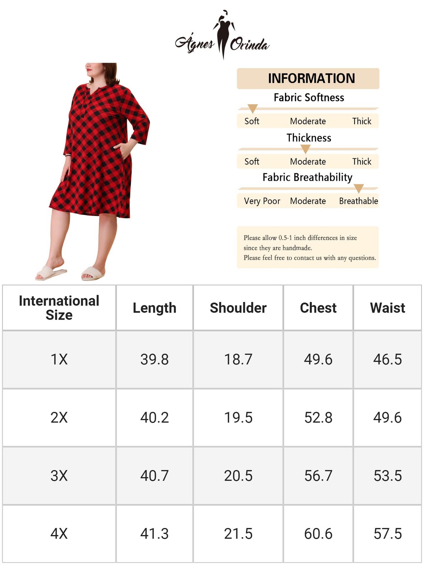 Camisón de talla grande para mujer, a cuadros, con cuello en V, para dormir