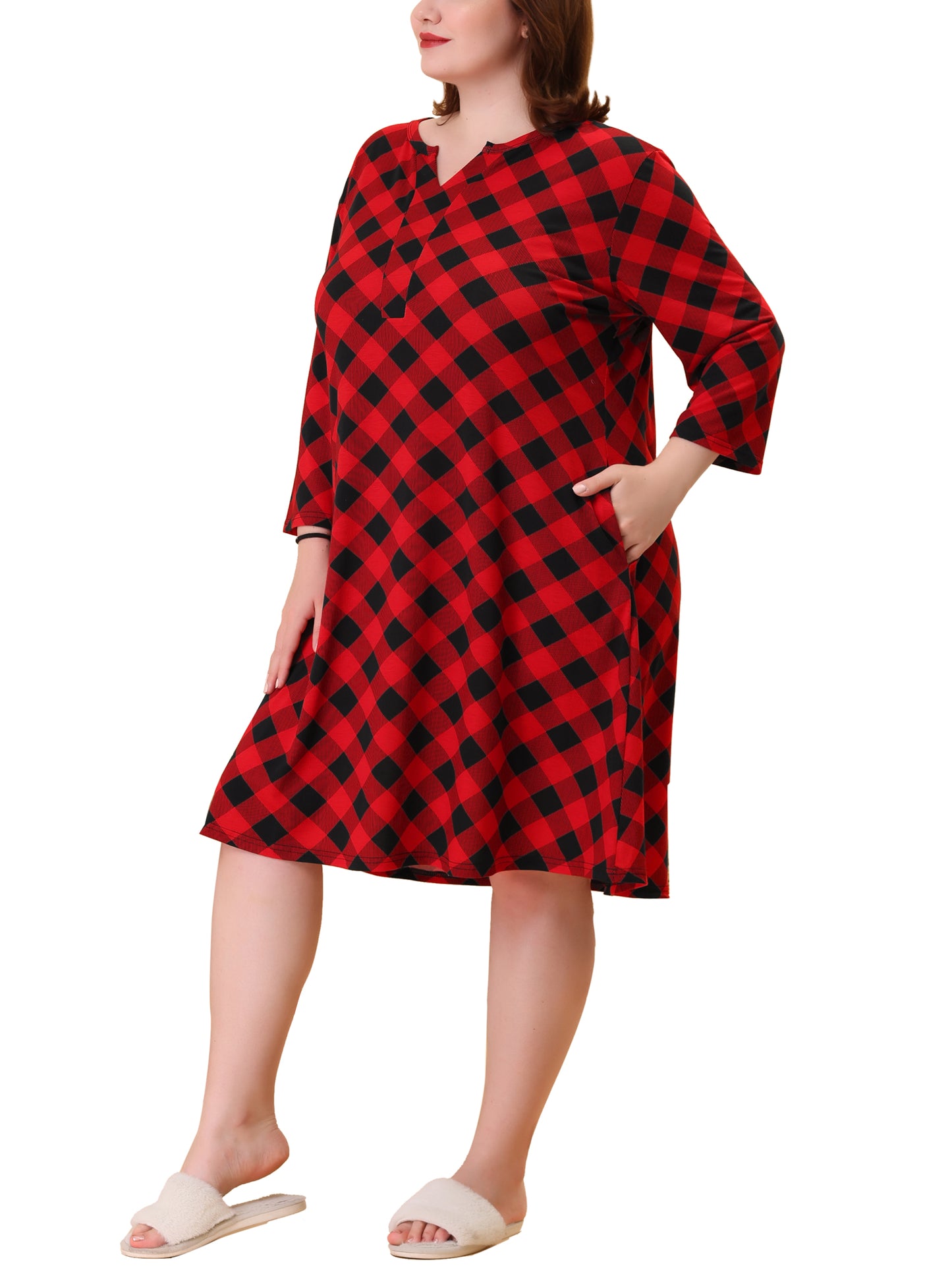Camisón de talla grande para mujer, a cuadros, con cuello en V, para dormir